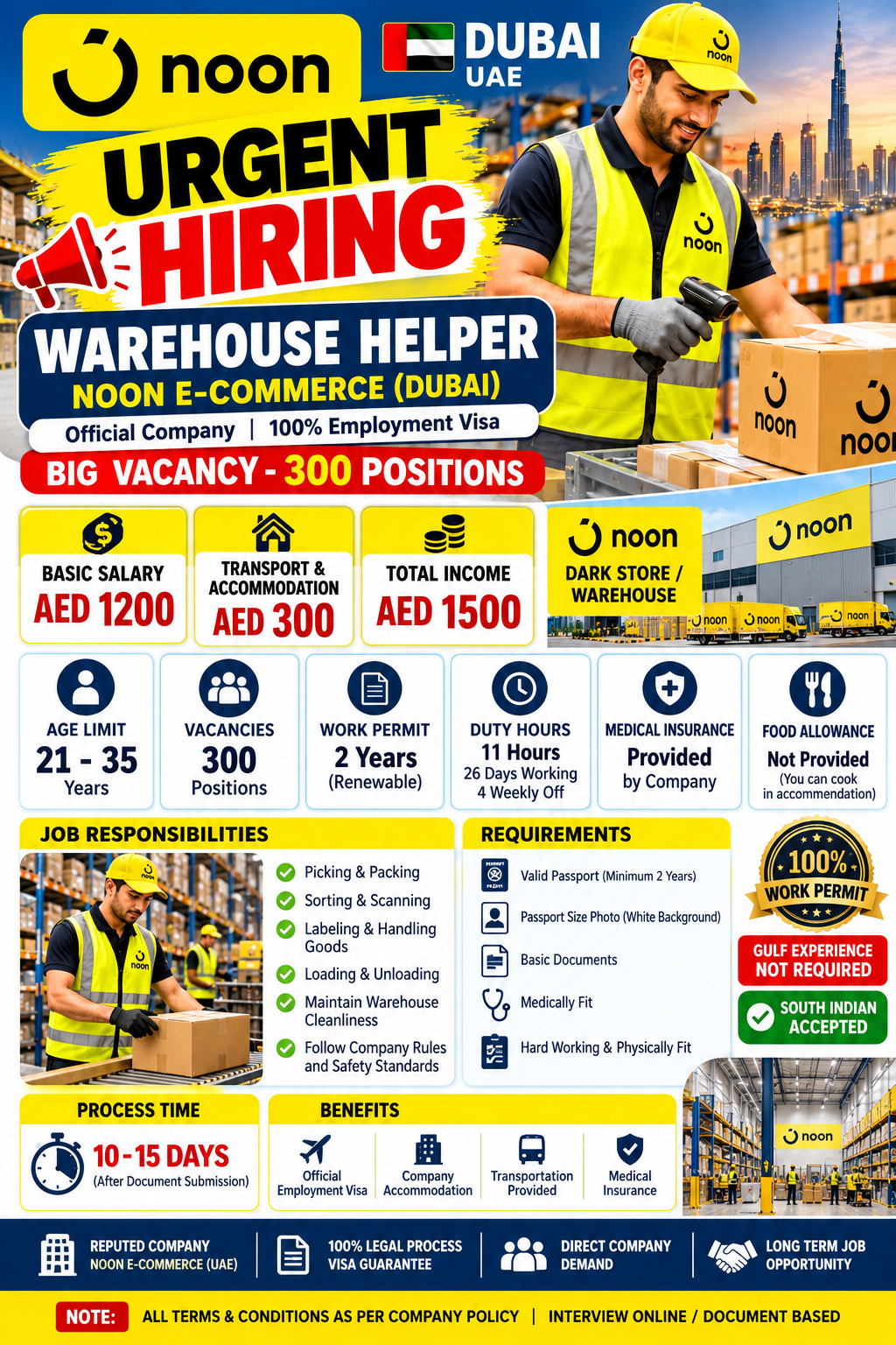 Noon E-Commerce Dubai Warehouse Helper Jobs: 300 Vacancies for Indians – Salary, Visa & How to Apply Noon E-Commerce Dubai warehouse helper job poster — 300 vacancies, AED 1500 salary, 2-year work permit