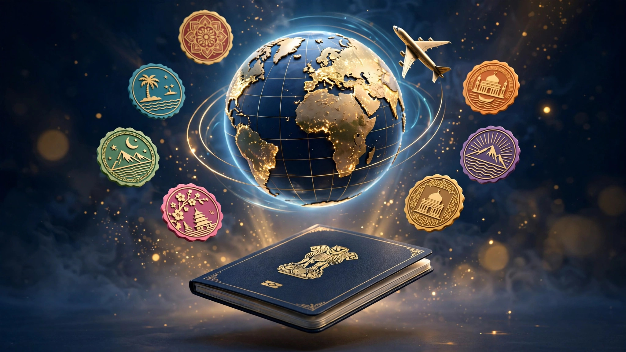 3D illustration of an Indian passport with visa stamps and a glowing globe