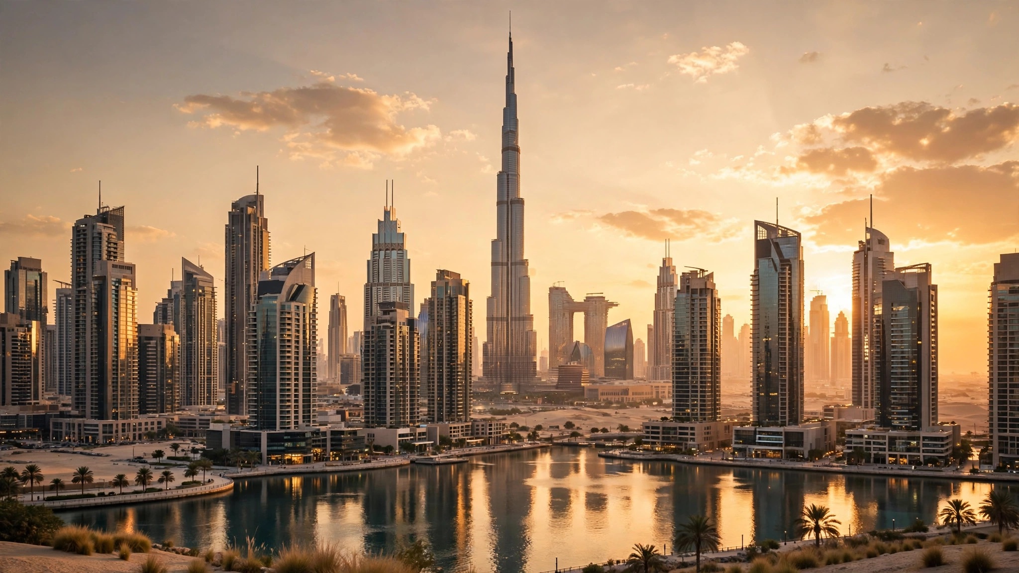 Dubai skyline with Burj Khalifa at golden hour, UAE tourist visa for Indians