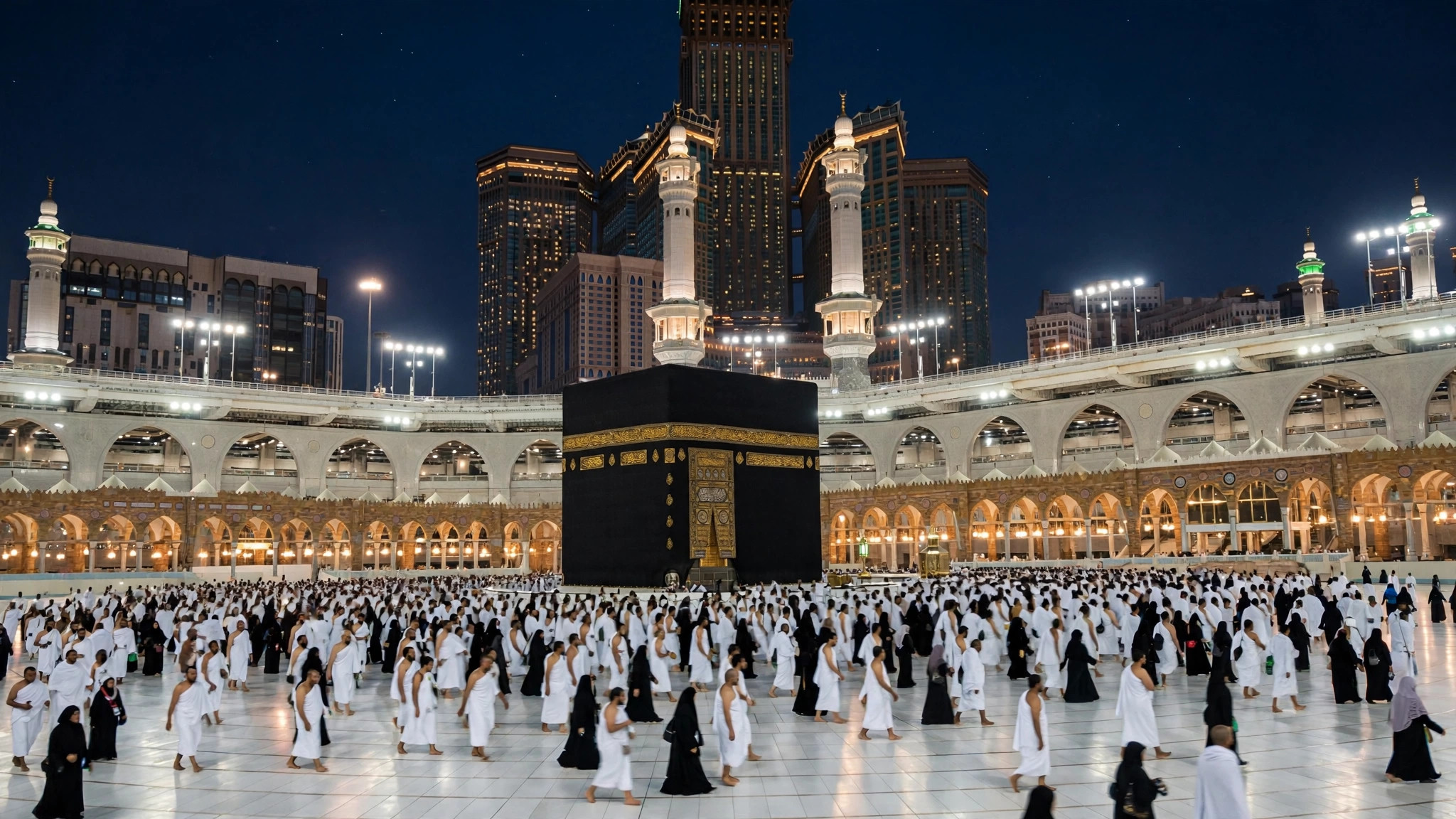 Kaaba in Mecca at night, Saudi Umrah e-visa for Indians
