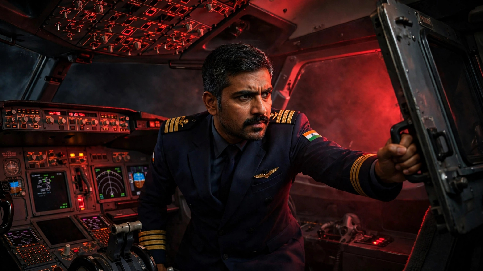 FlyDubai Captain Smit Machchhar: Hero Who Saved 174 Lives AI illustration of Captain Smit Machchhar opening the cockpit door during the FlyDubai Flight FZ1073 emergency