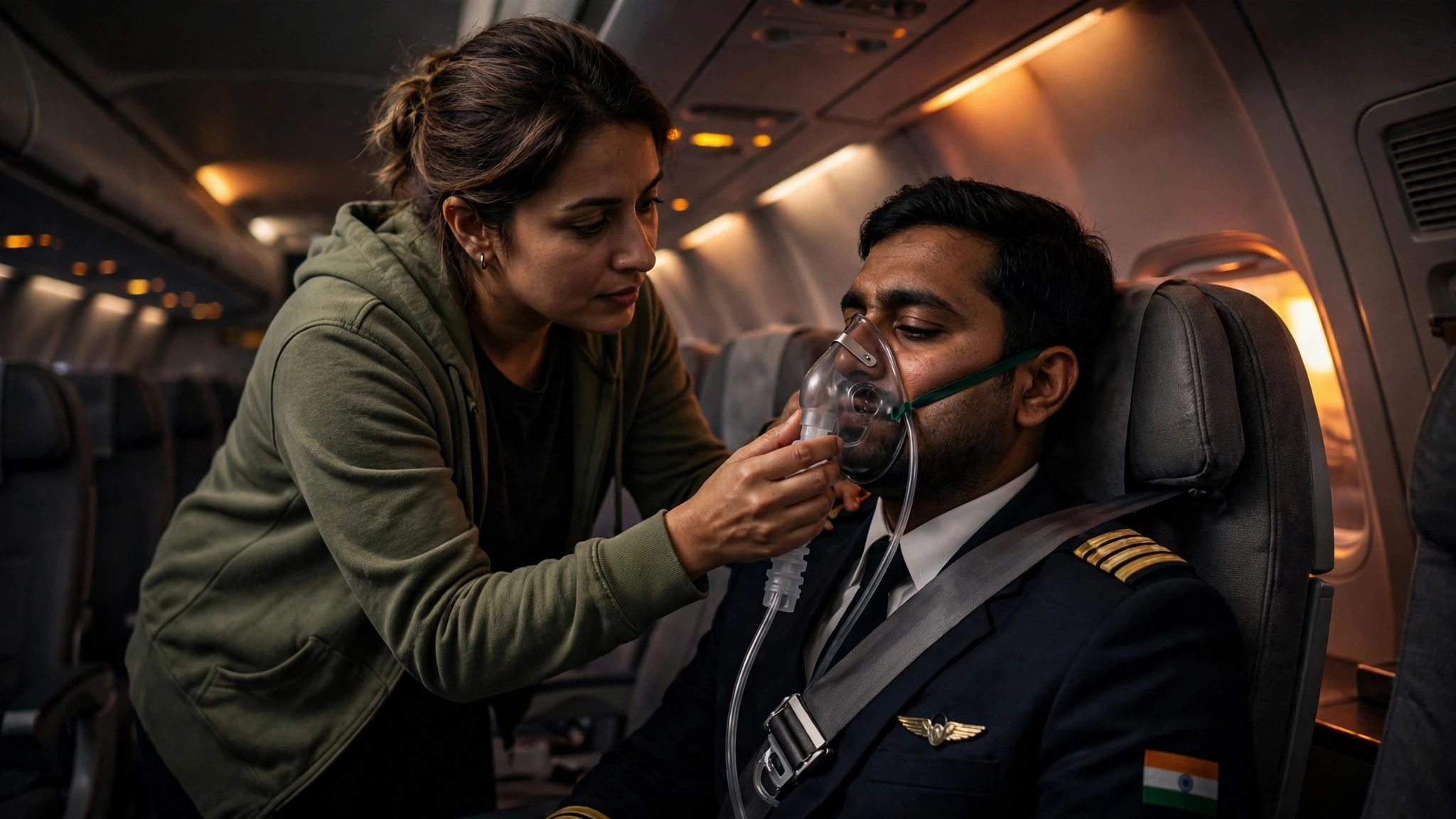 FlyDubai Captain Smit Machchhar: Hero Who Saved 174 Lives AI illustration of first aid being given to the injured captain on board FlyDubai Flight FZ1073