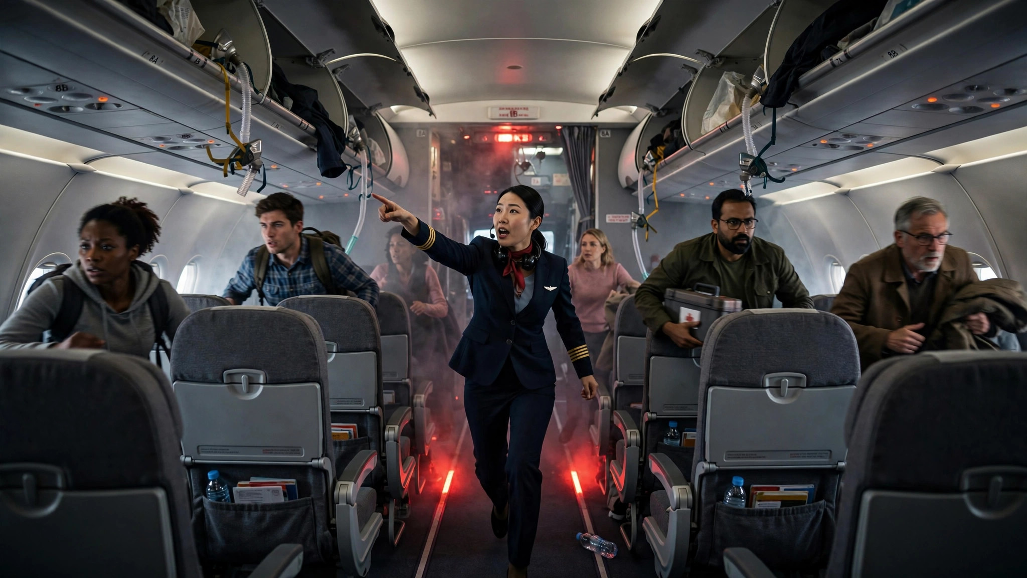FlyDubai Captain Smit Machchhar: Hero Who Saved 174 Lives AI illustration of passengers rushing to help during the FlyDubai Flight FZ1073 cockpit emergency