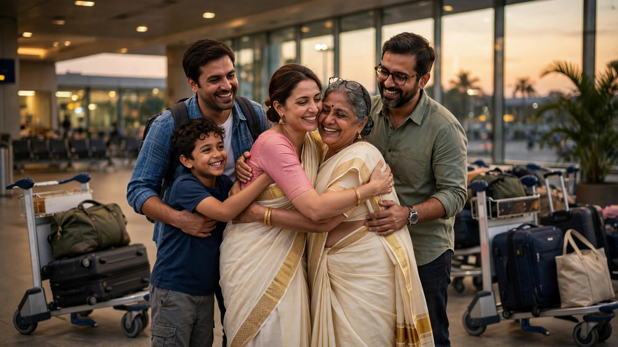 Kerala family reuniting at airport arrivals hall