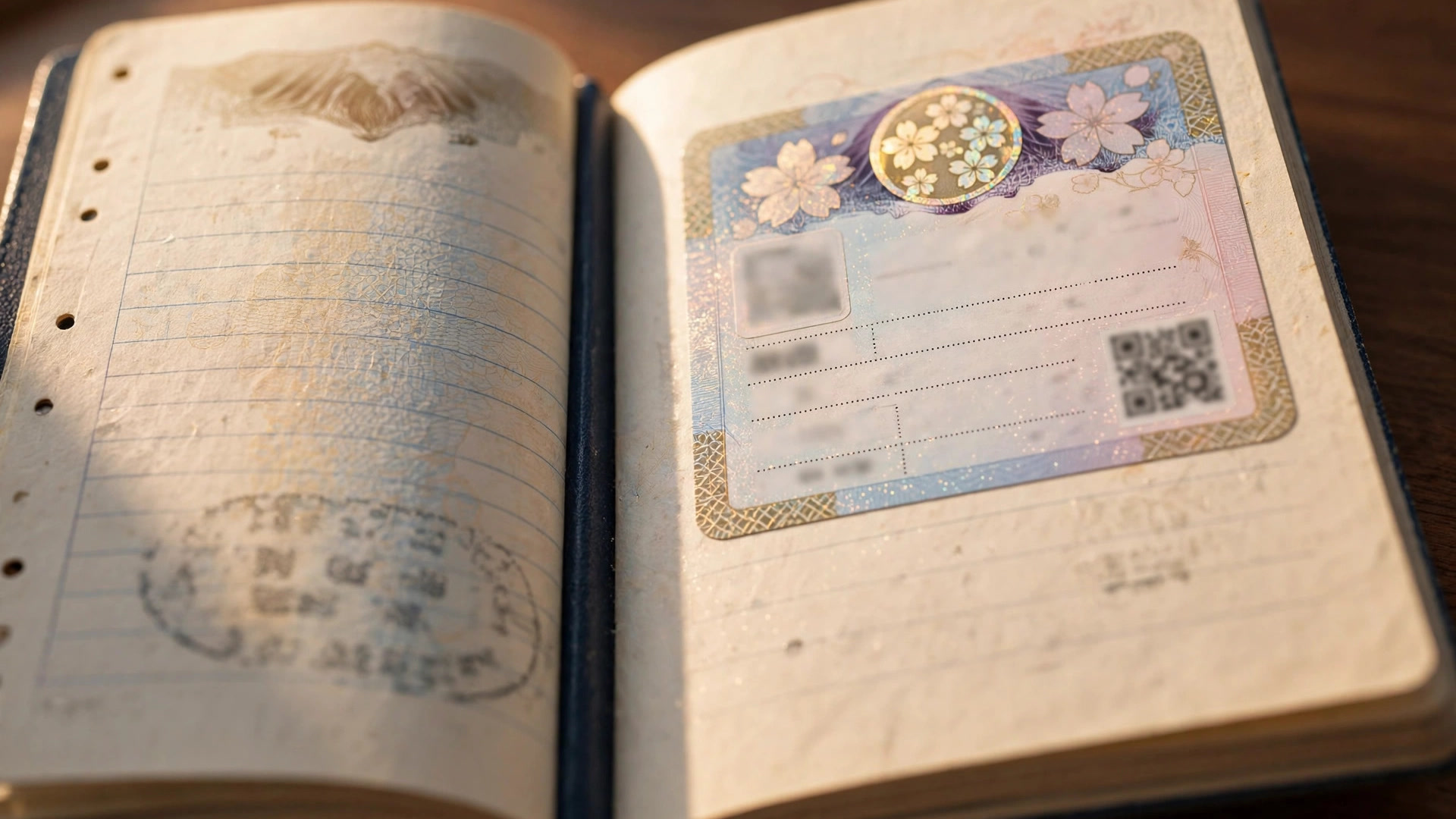 Japanese visa sticker inside an open passport, close-up