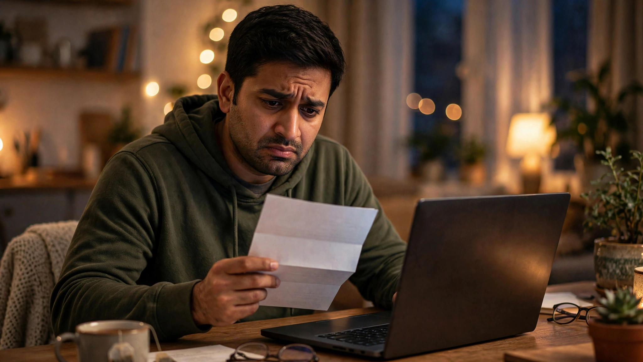 India Warns Citizens Against Russia Armed Forces Job Offers Indian man reading a foreign job offer letter on a laptop at home, worried expression