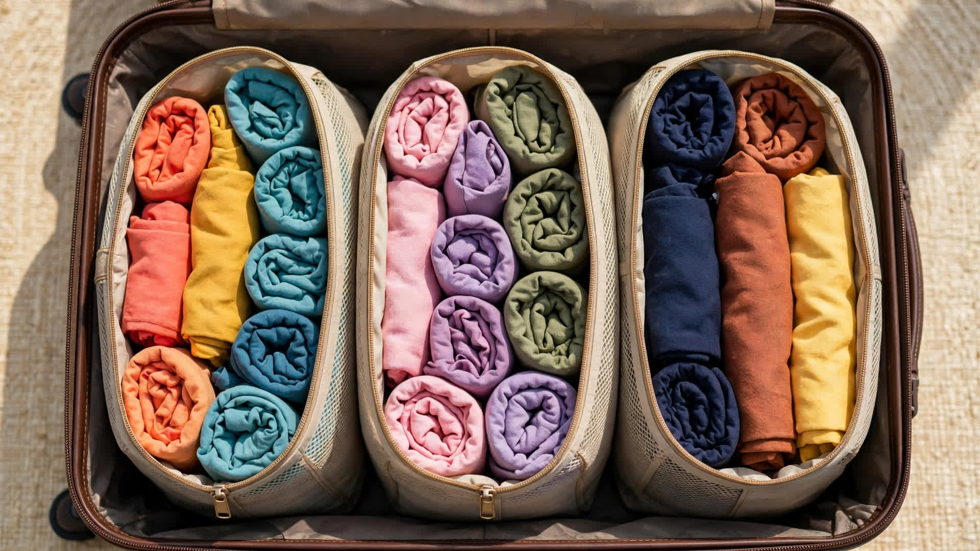 15-Day Trip Packing Checklist: Travel Smart and Pack Light Neatly rolled clothes arranged with packing cubes in open suitcase