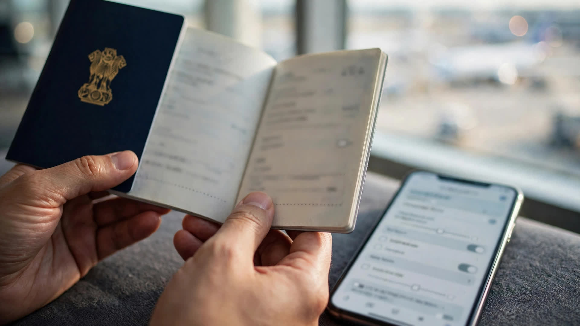 ETIAS 20 Euro Fee for Europe Travel: What Indians Must Know Hands holding an open Indian passport beside a smartphone with a travel form, airport window light