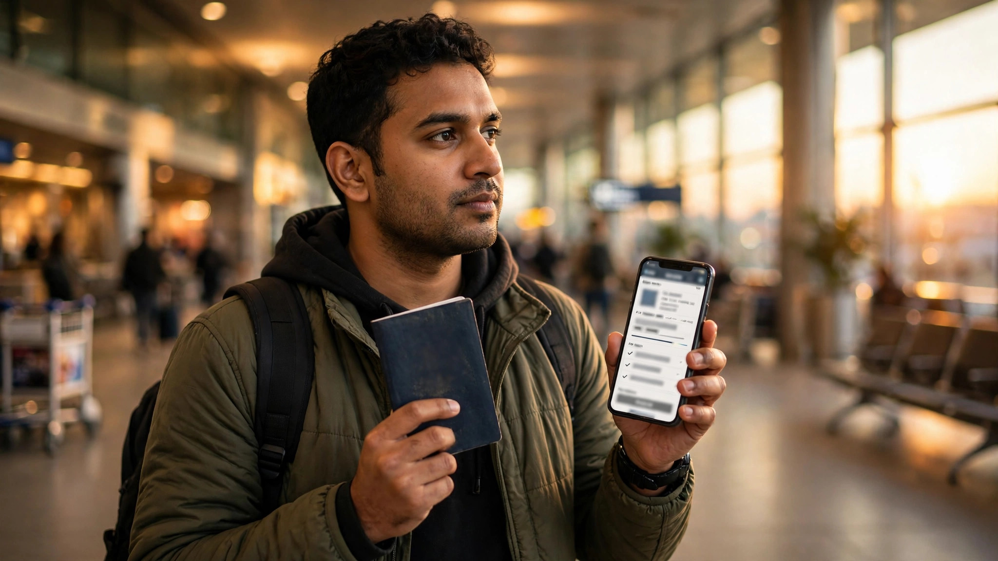 Indian traveller holding passport and smartphone showing online visa application at airport departure hall
