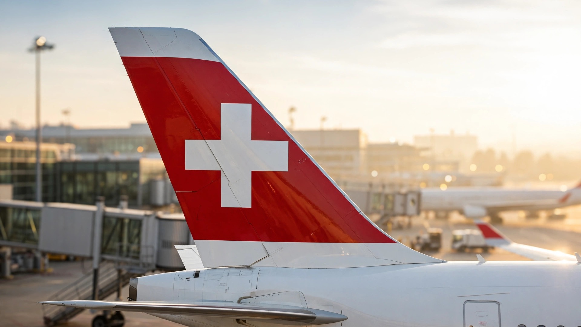 SWISS Bengaluru-Zurich Direct Flights: Schedule, Fares and Guide SWISS aircraft tail with red Swiss cross parked at airport gate in golden morning light