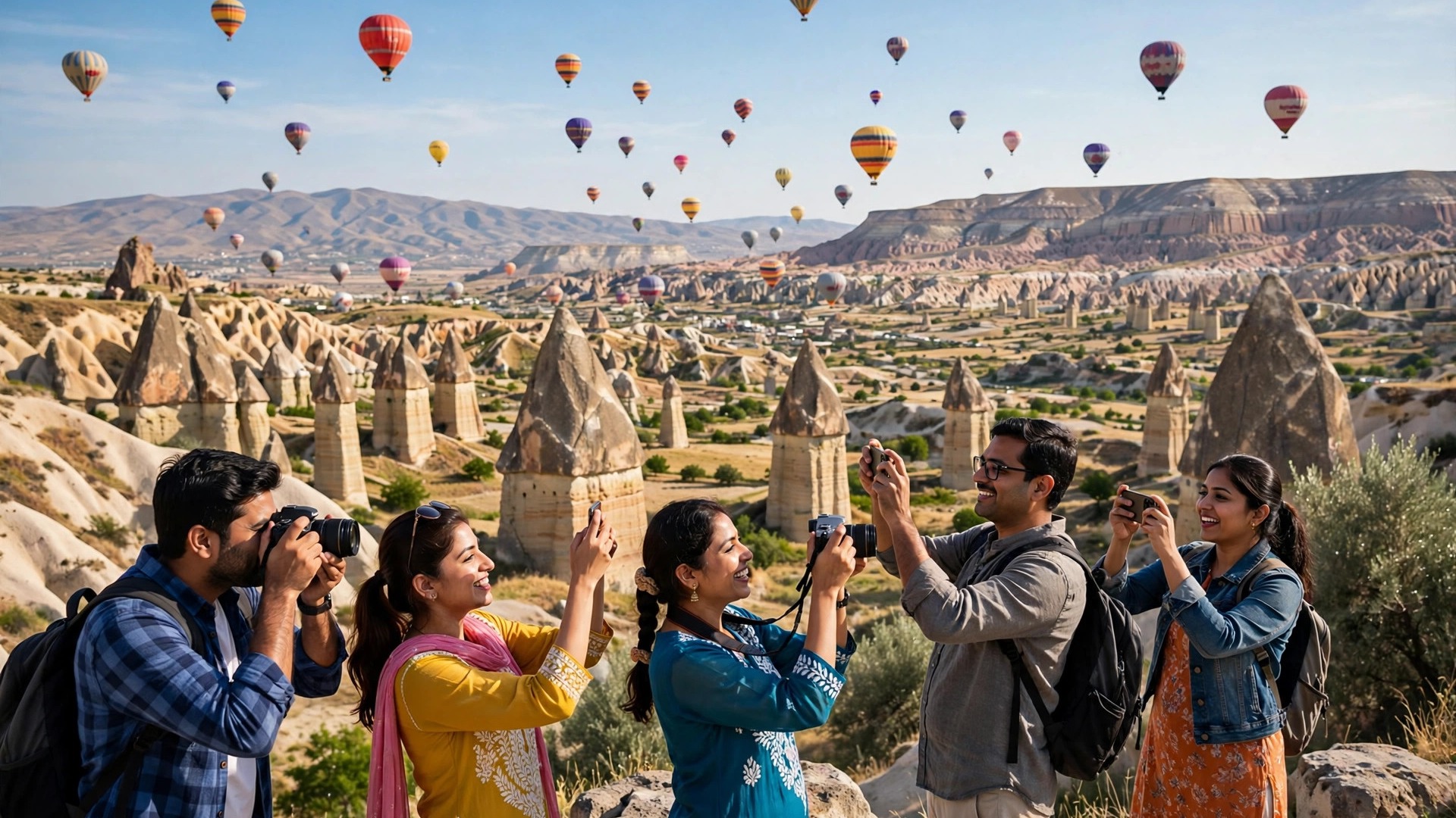 Cappadocia hot air balloons over fairy chimneys in Turkey with Indian tourists