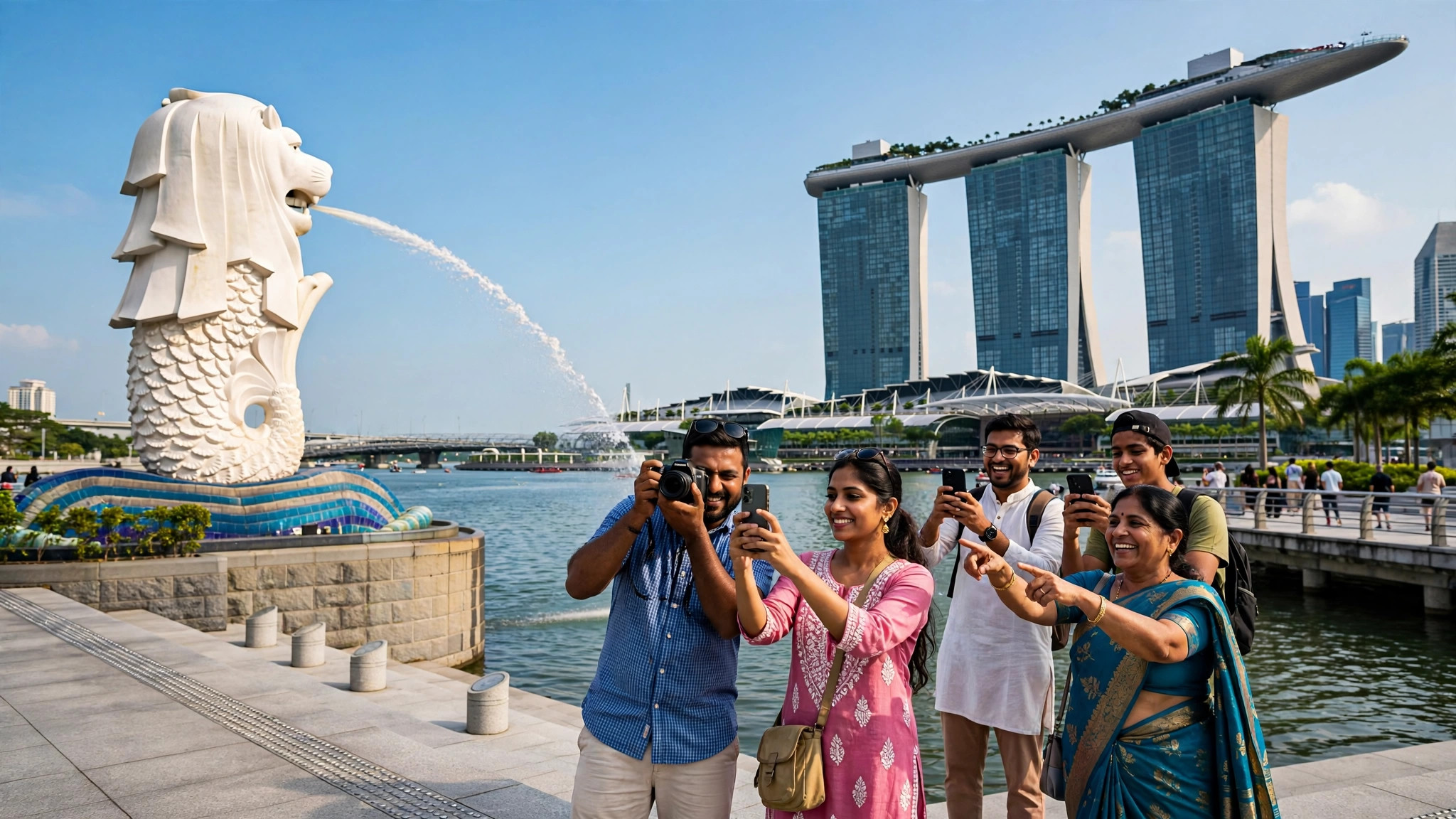 Marina Bay Sands and Merlion Park, Singapore, with Indian tourists taking photos