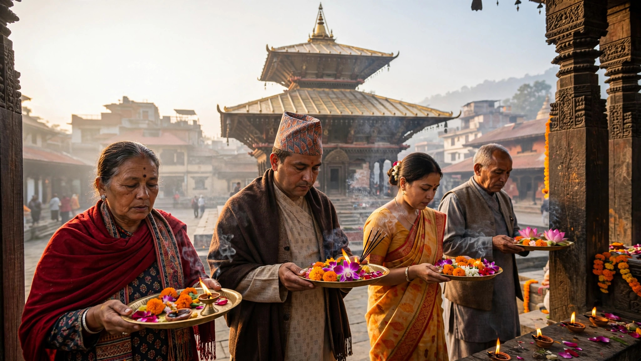 Pashupatinath Temple golden spire with devotees offering prayers in morning light