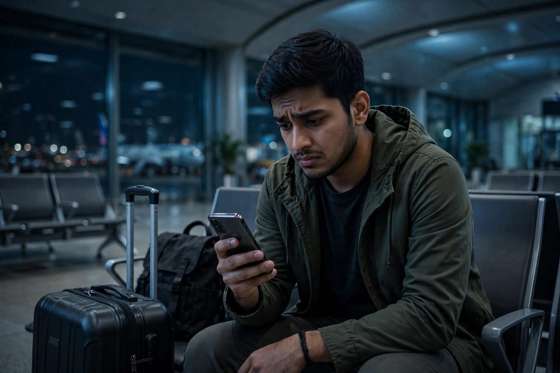 Malaysia Job Warning for Indians: Tourist Visa Risks Explained Worried young Indian man with luggage checking his phone at an airport departure hall