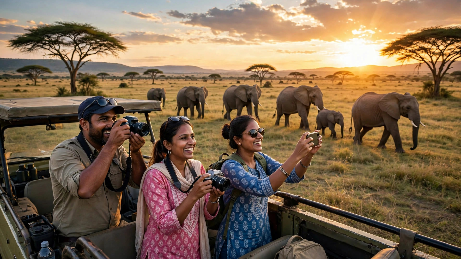 Kenya eTA for Indians: Application Process and Travel Guide Masai Mara safari at sunset with elephants and happy Indian tourists taking photos