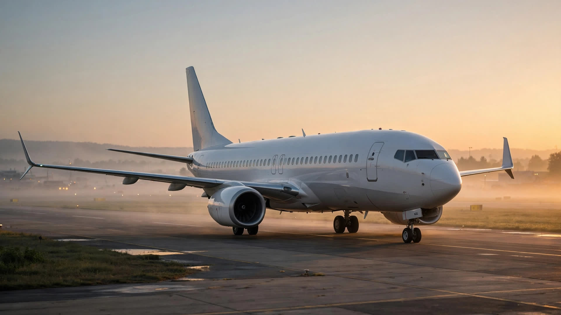 Modern single-aisle passenger jet on runway at dawn