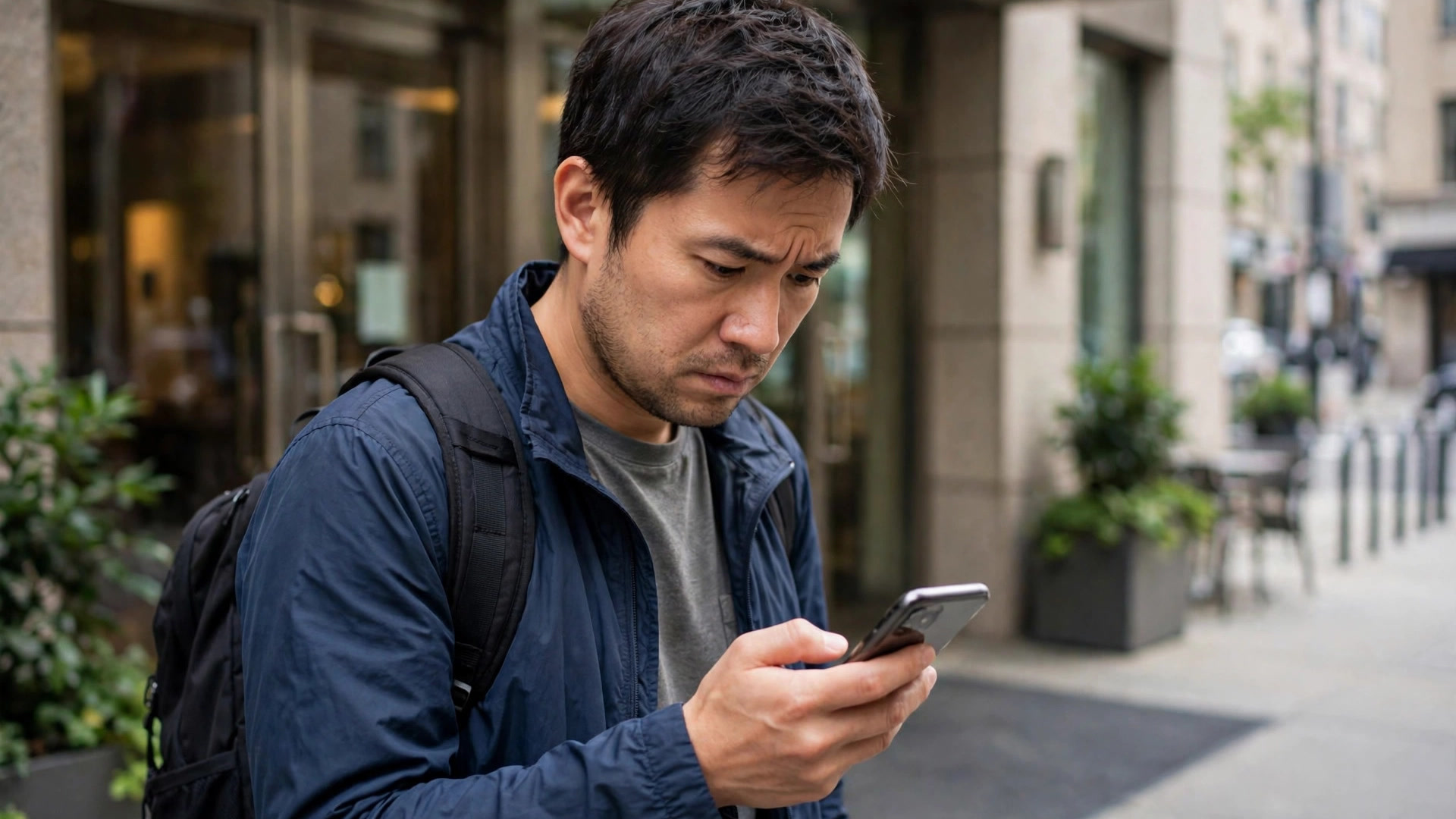 Hotel Booking Fraud: 8 Smart Ways to Keep Your Money Safe Traveller anxiously verifying a hotel booking confirmation on his phone outside a hotel entrance