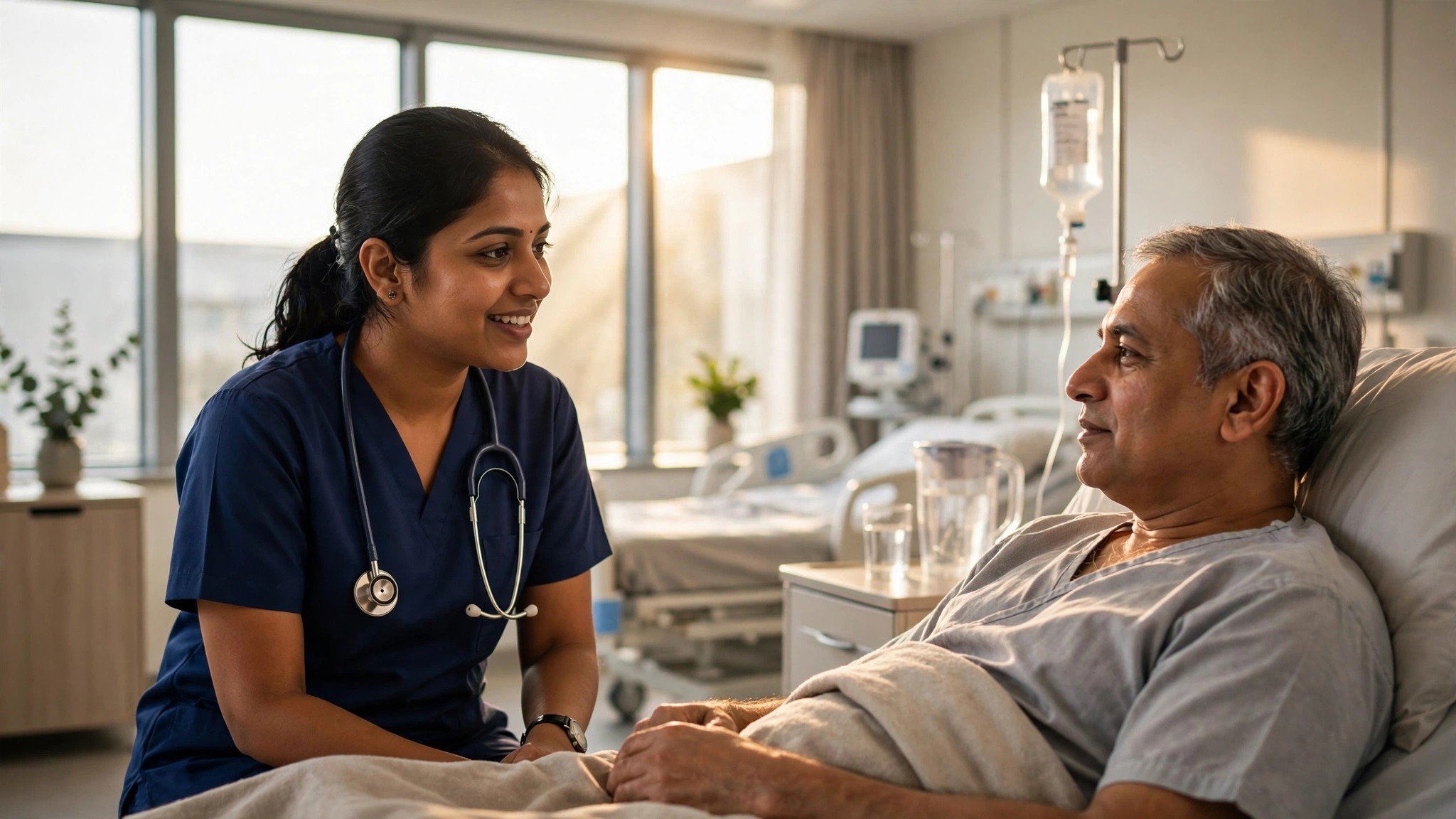 Germany Nursing Jobs for Indians: Eligibility and Process Indian nurse talking with a patient in a modern German hospital ward