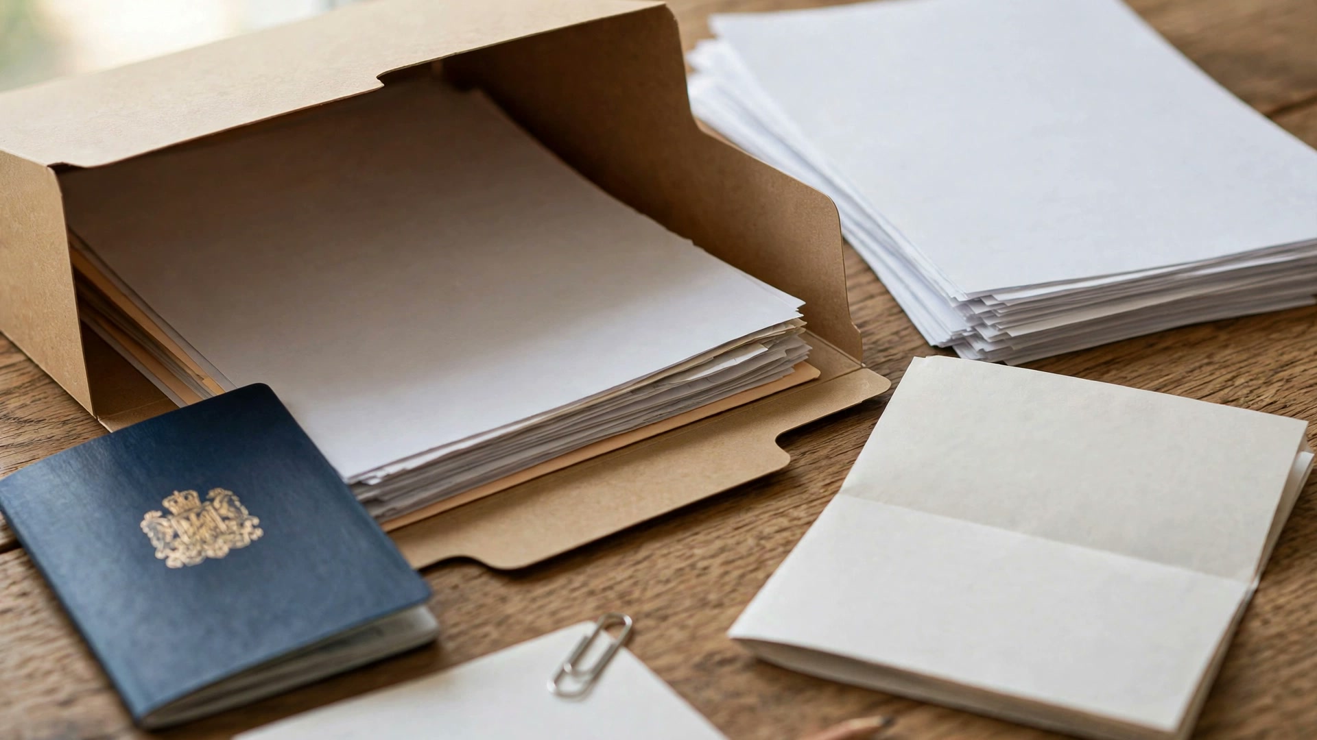 Schengen visa application file with passport, bank statements and itinerary on a desk