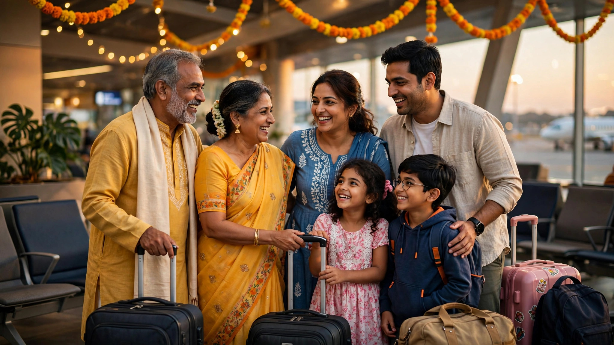 Festive Season Flight Tickets: Booking Tips to Save Money Happy Indian family with luggage at airport departure gate in festive mood