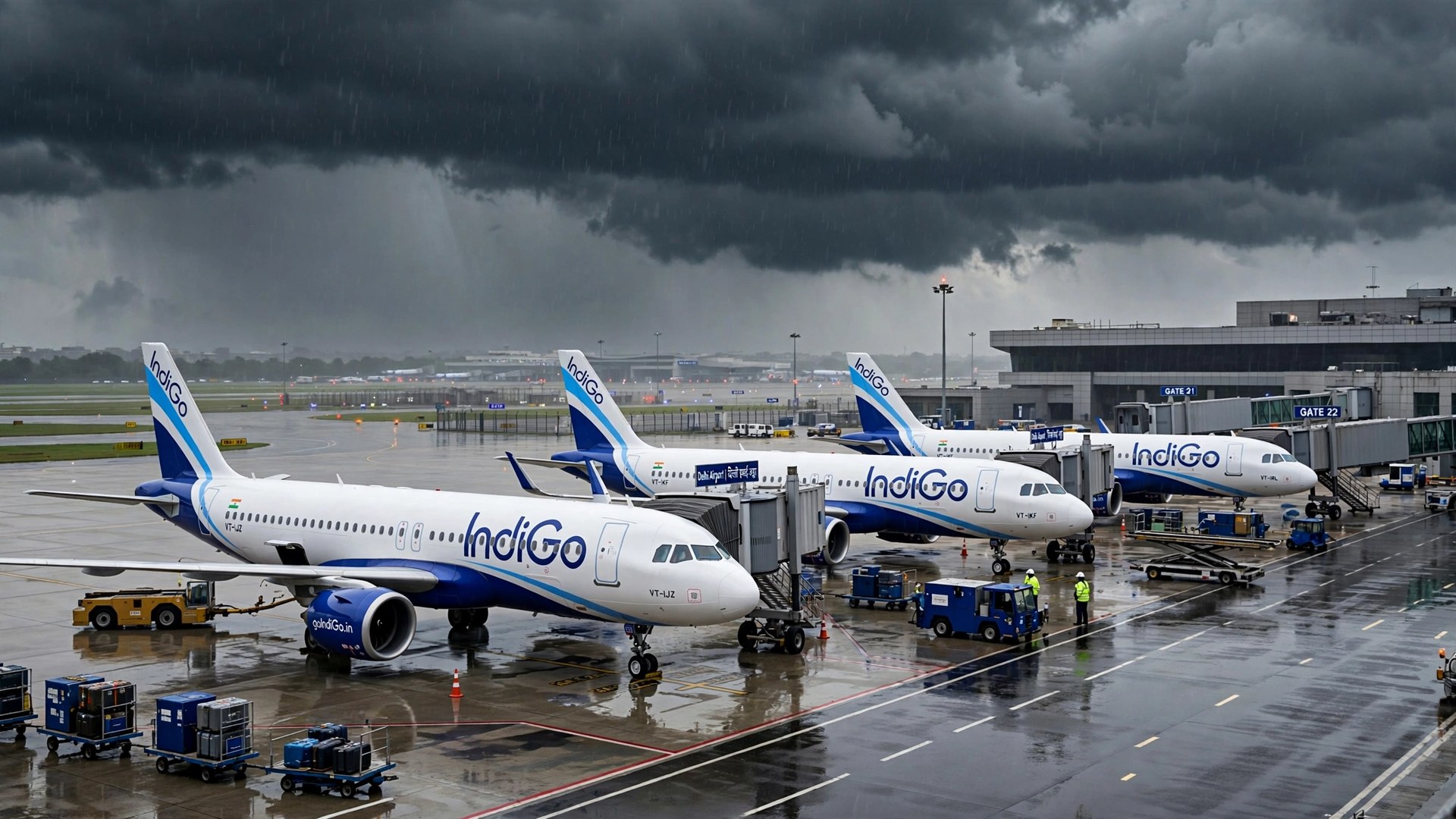 Riyadh Airport Attack: IndiGo, Air India Cancel All Flights — What Indians Must Know Indian airline passenger planes parked at airport gates under dark clouds during Riyadh flight cancellations