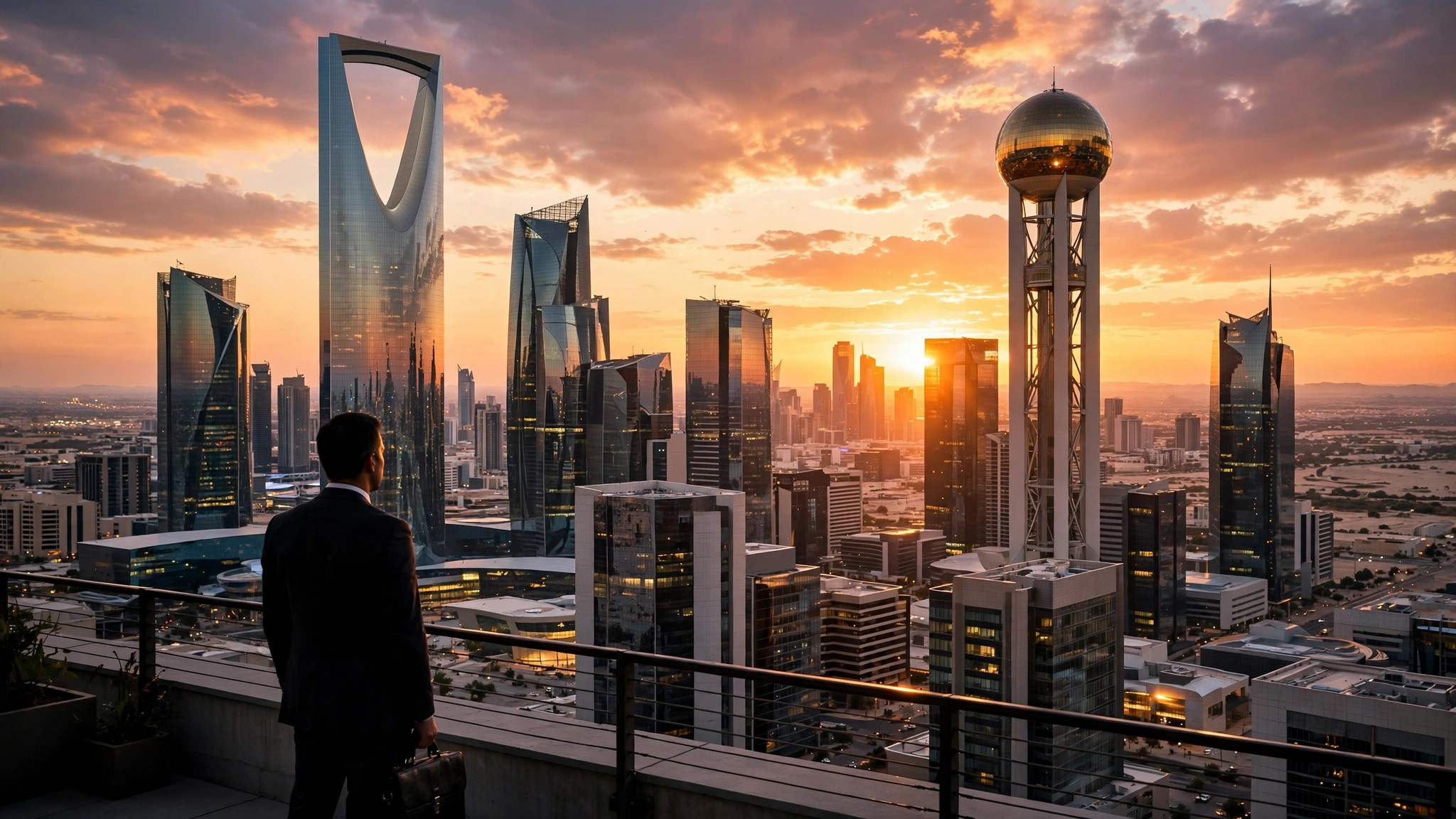 Saudi Family Visa Eased: Skilled Indian Workers Bring Family Riyadh skyline at sunset with professional worker silhouette — Saudi Arabia skilled worker family visa