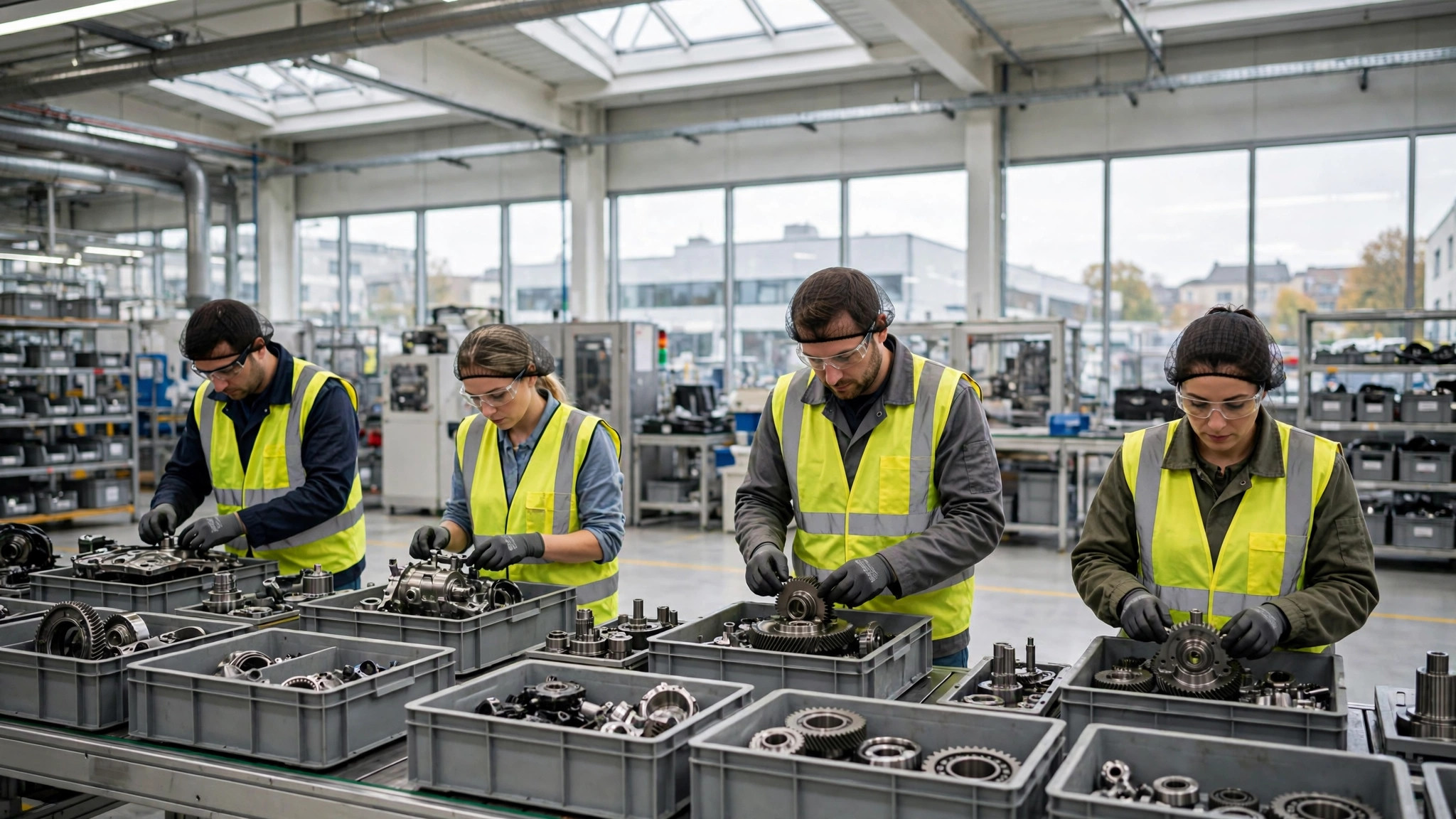 Poland Factory Jobs for Indians: Salary, Visa and Process Guide Workers on a modern automotive parts assembly line in a European factory hall