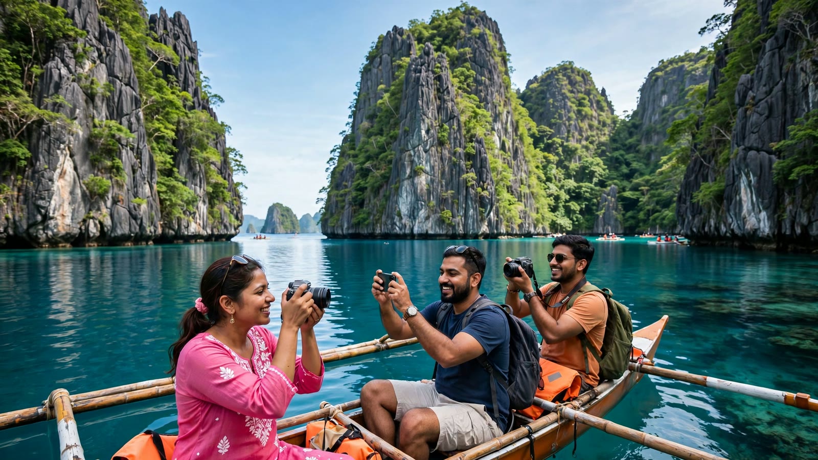 Happy Indian tourists taking photos at El Nido lagoons, Palawan, Philippines in vibrant daylight
