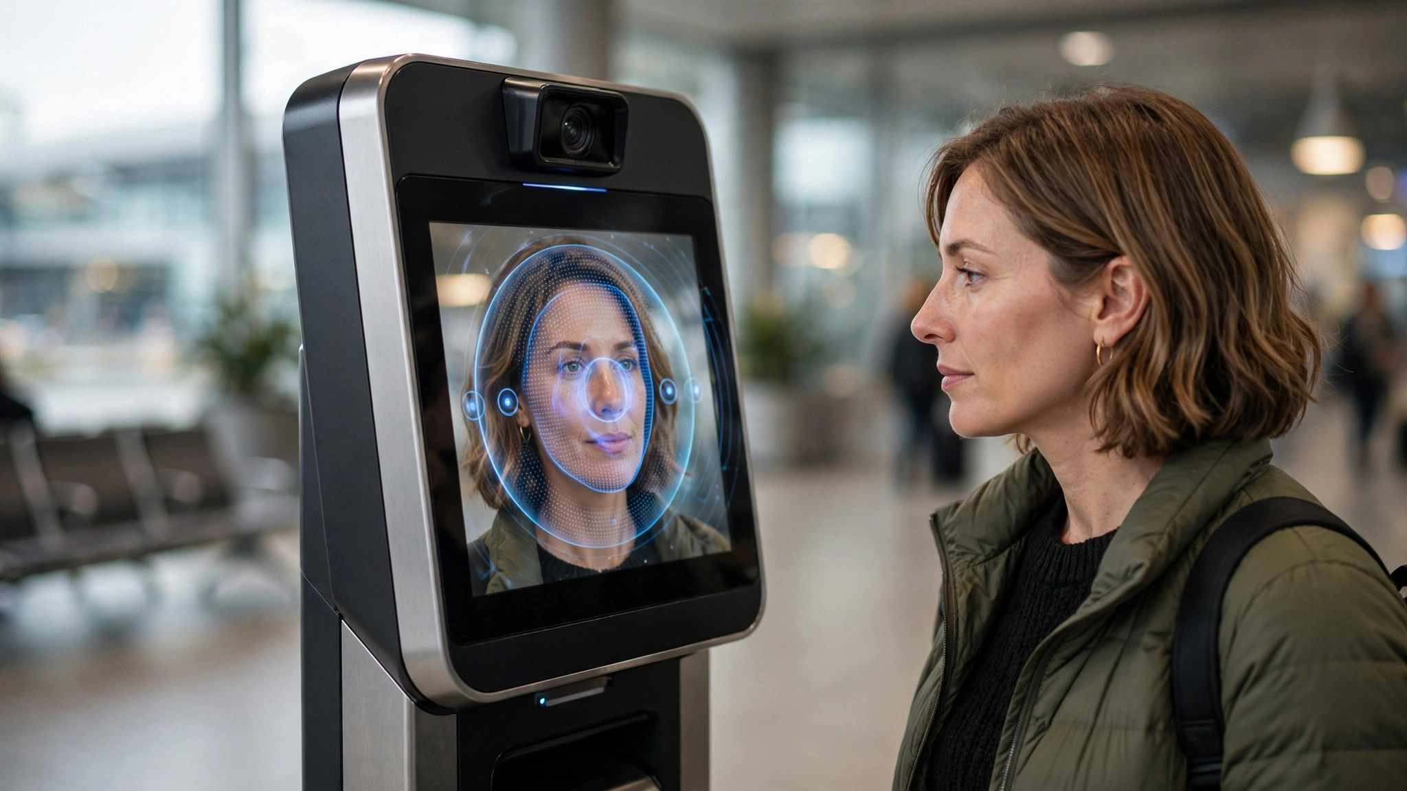 Airport biometric gate scanning a traveller