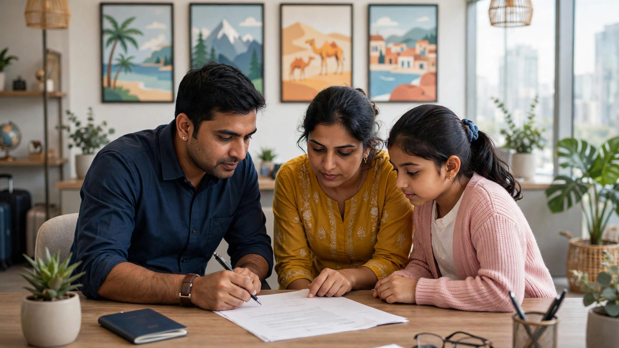 Indian family reading a travel agency contract carefully before signing