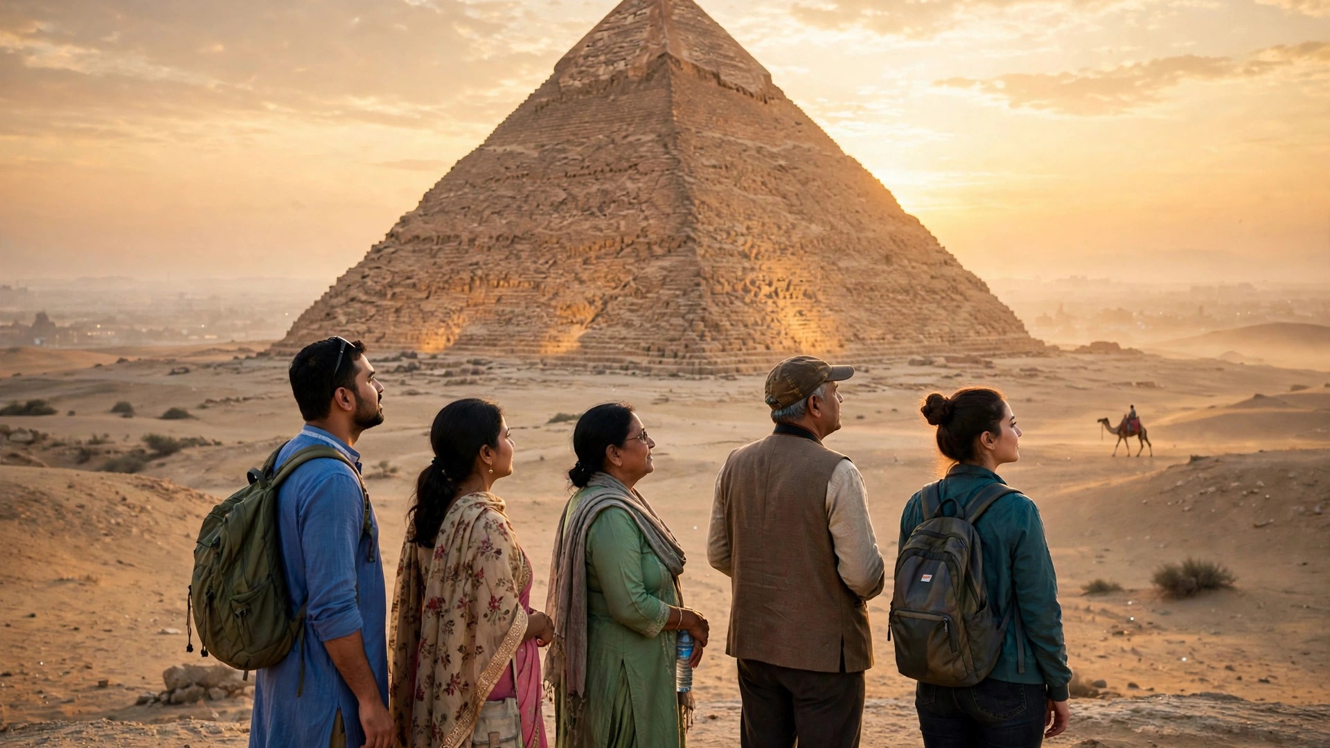 Egypt 6-Day Tour Package: Cairo, Pyramids and Nile Itinerary Indian tourists at the Great Pyramid of Giza at sunrise