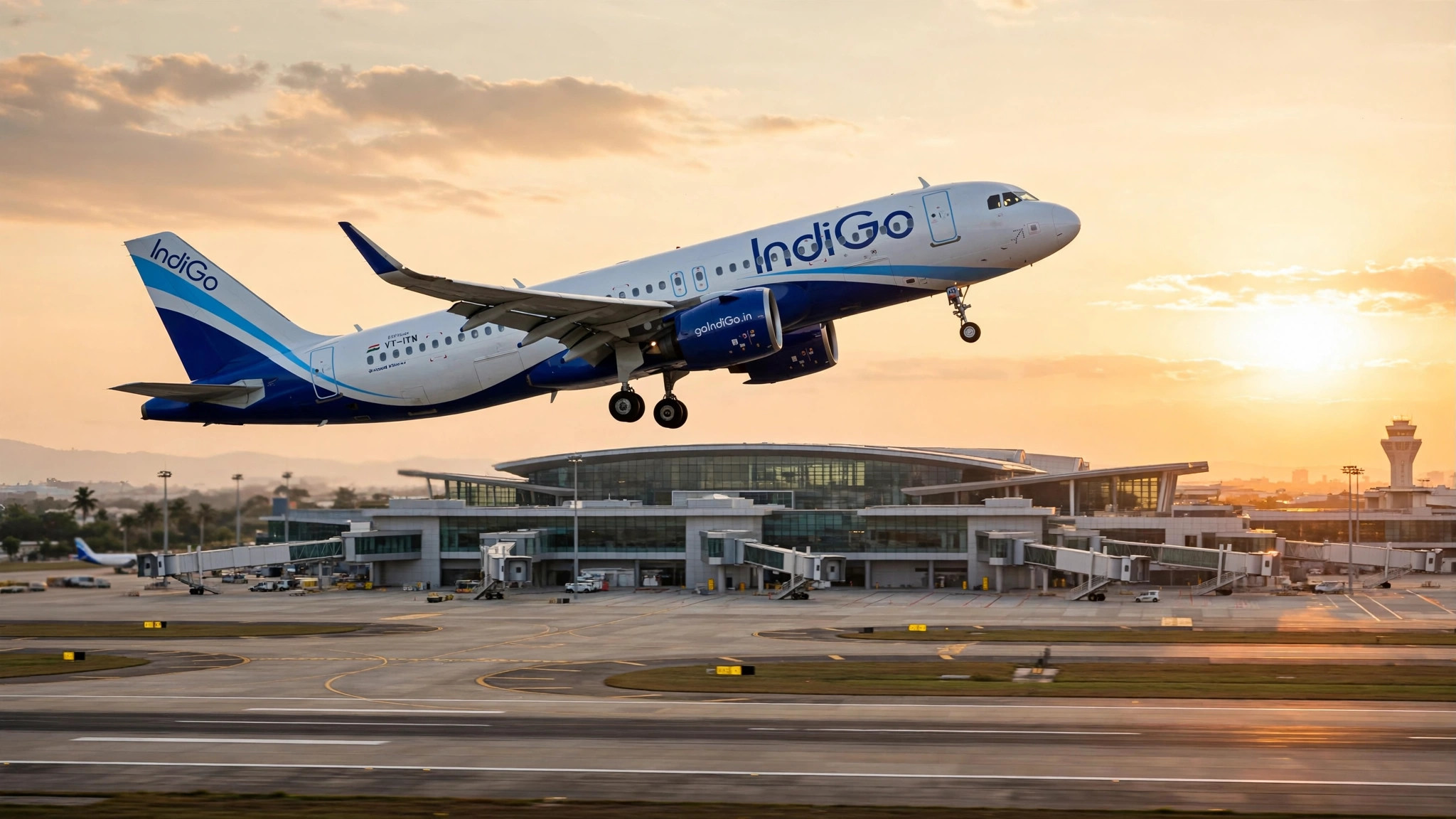 IndiGo passenger aircraft taking off at golden hour with a new airport terminal in the background