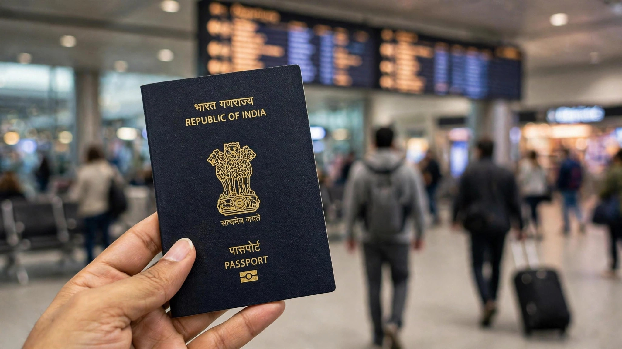 MEA Travel Advisory for Indians: Latest Updates and Warnings Indian passport held against airport departure board with travellers