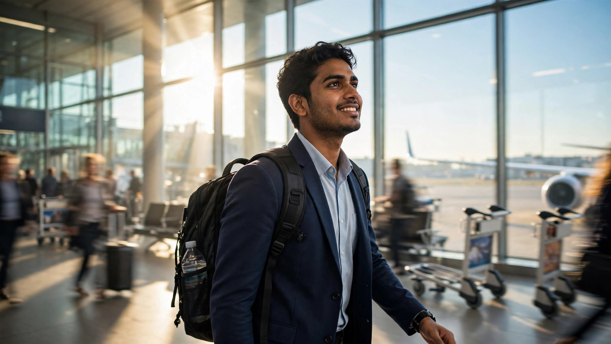 Germany Opportunity Card for Indians: No Job Offer Needed Indian professional arriving at a German airport terminal with a backpack, ready to start job search