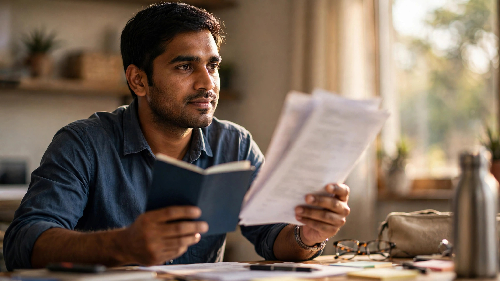Indian worker holding passport and verified job documents at a desk
