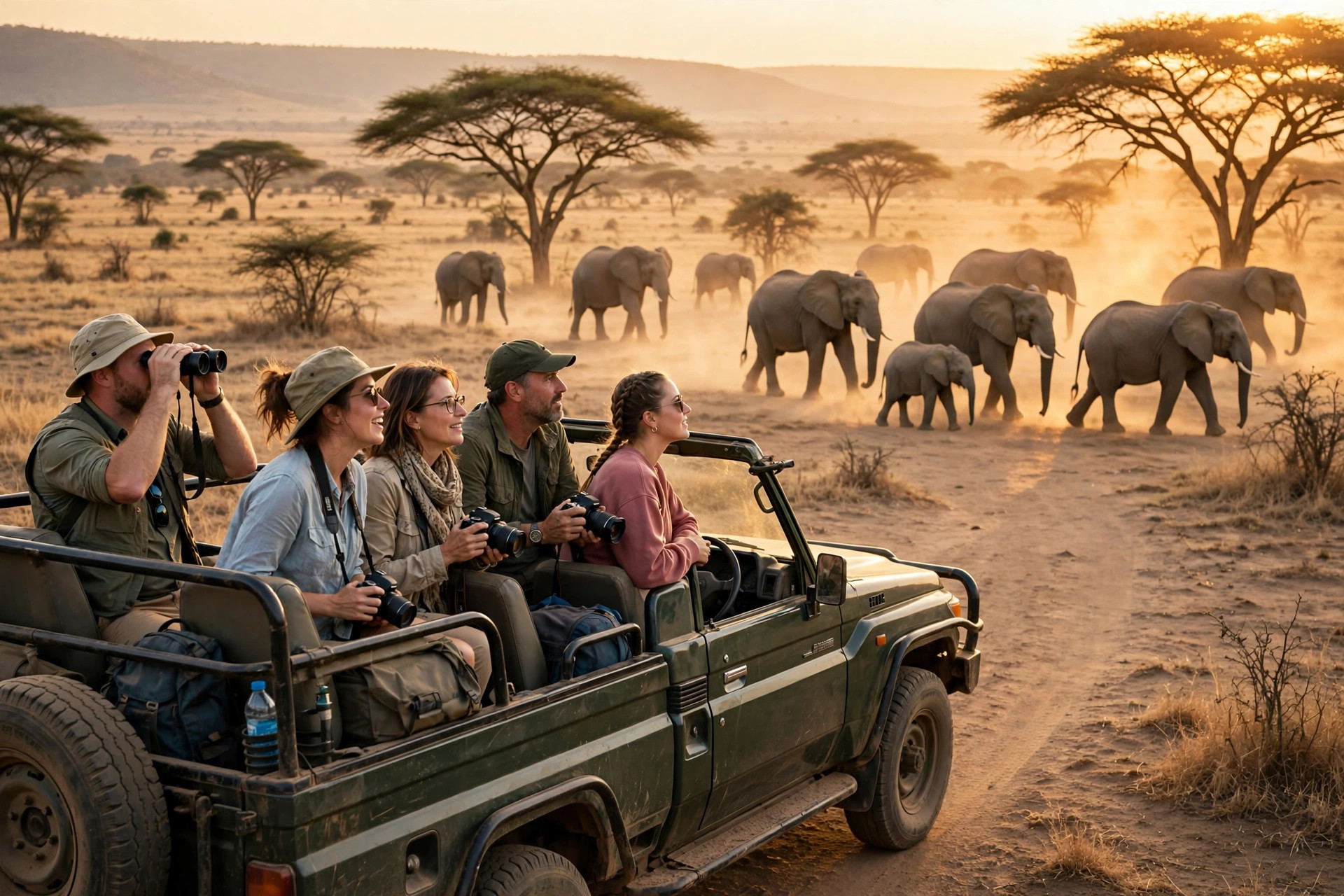 Kenya Safari Tour Package for Indians: 5-Day Itinerary and Cost Open safari jeep with tourists watching elephants near acacia trees in Masai Mara, golden light