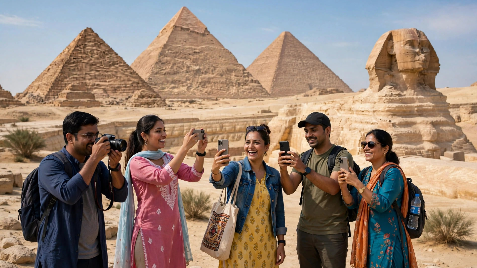 Indian tourists photographing the Pyramids of Giza and the Sphinx