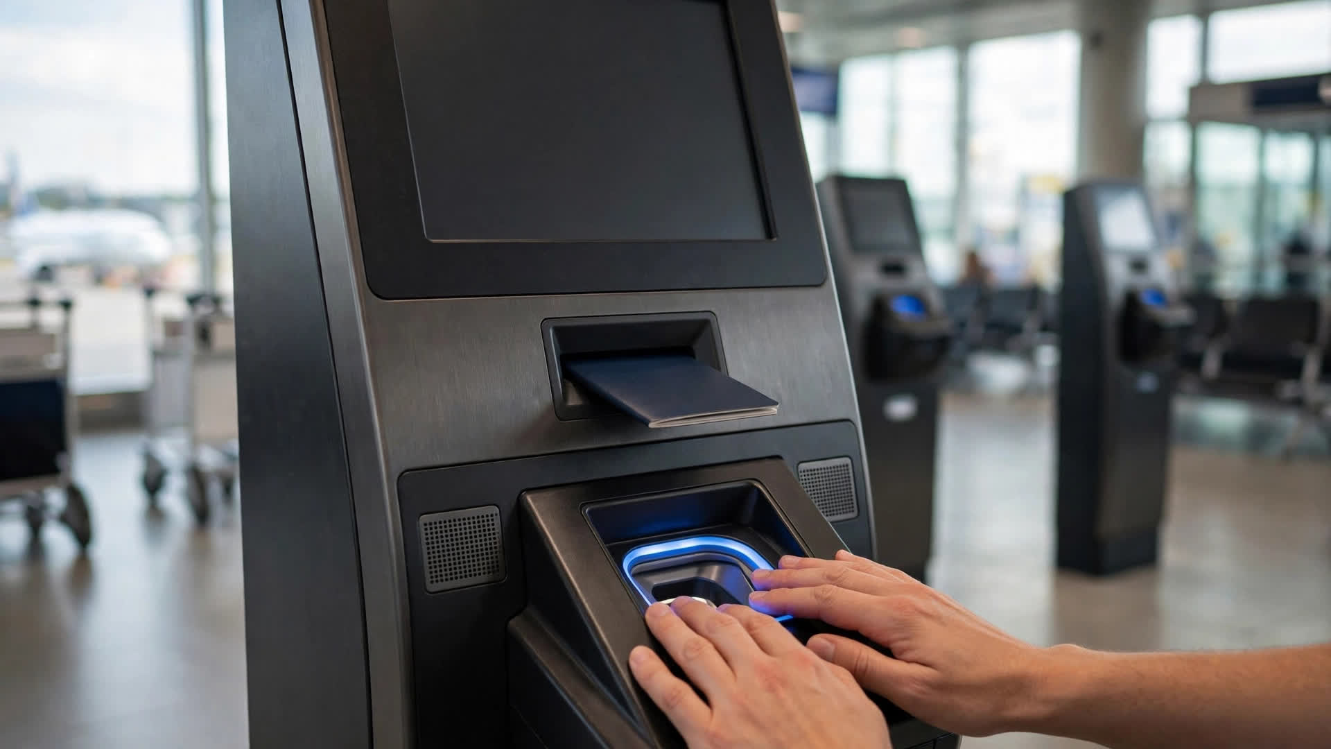 Biometric border control kiosk with fingerprint scanner at European airport