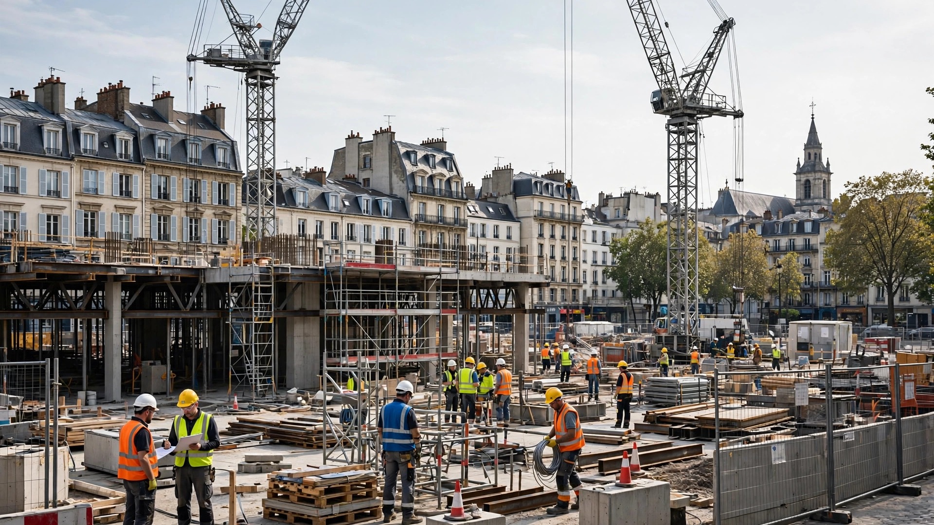 Wide view of a European construction site with cranes and workers