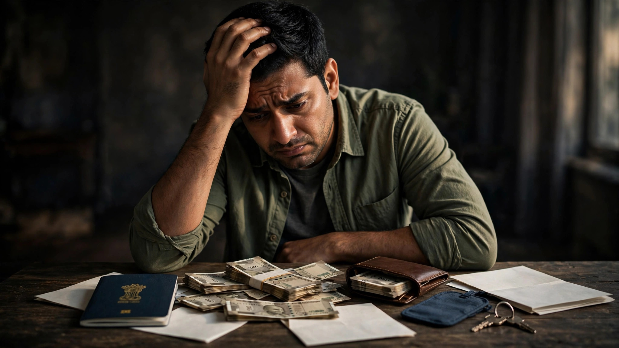 Advance Payment Fraud: 6 Checks Before Paying Any Agent Worried Indian man holding his head near travel documents and cash on a table