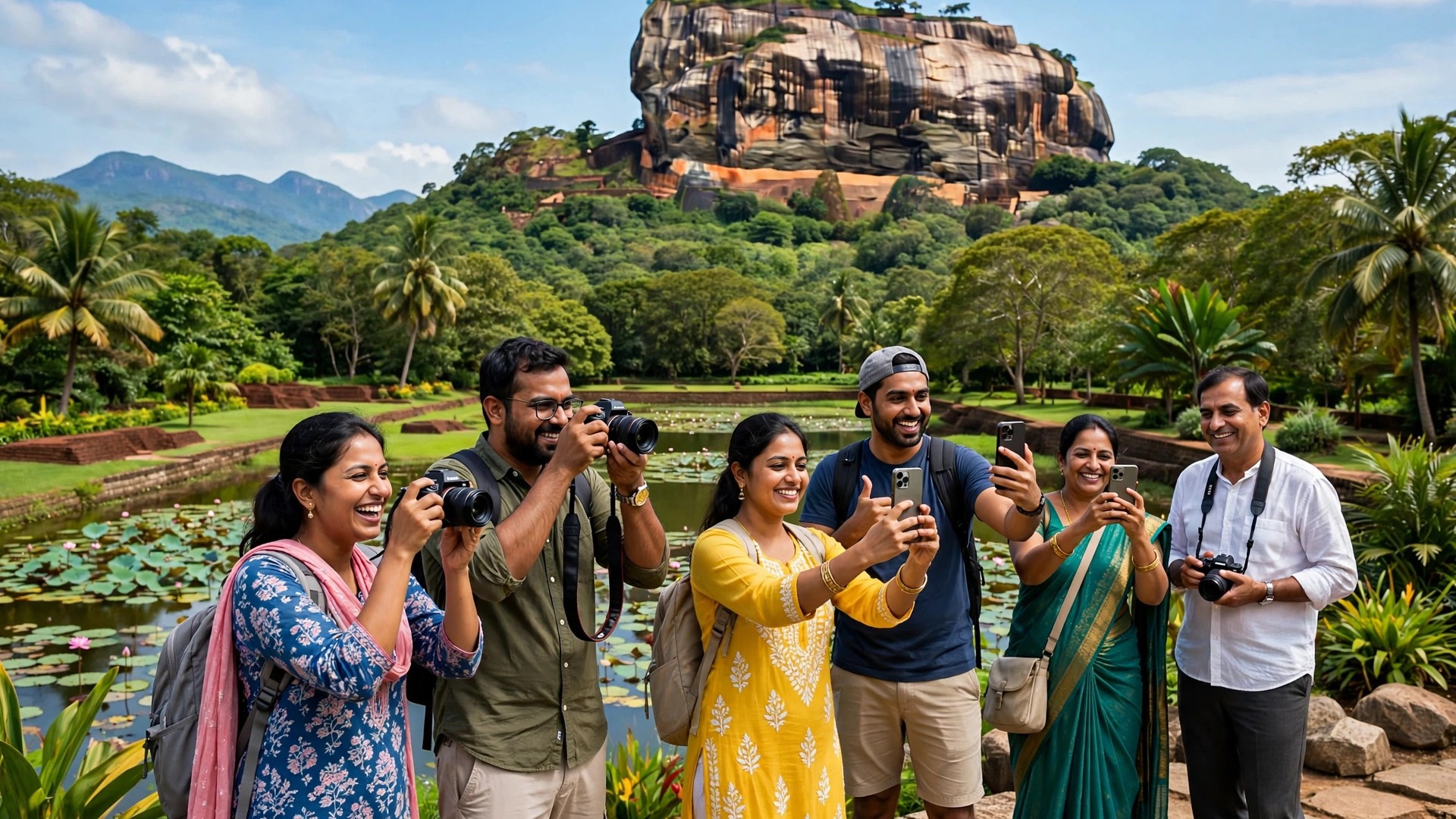 Sigiriya Rock Fortress with Indian tourists taking photos