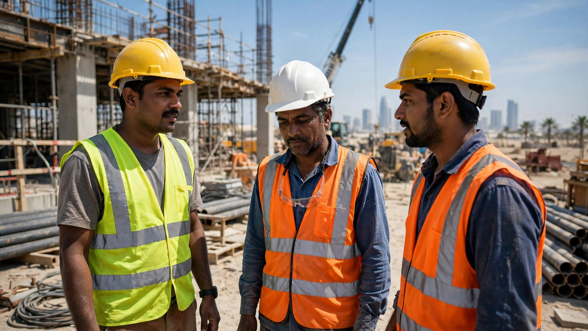 Indian workers in safety helmets at a Gulf construction site