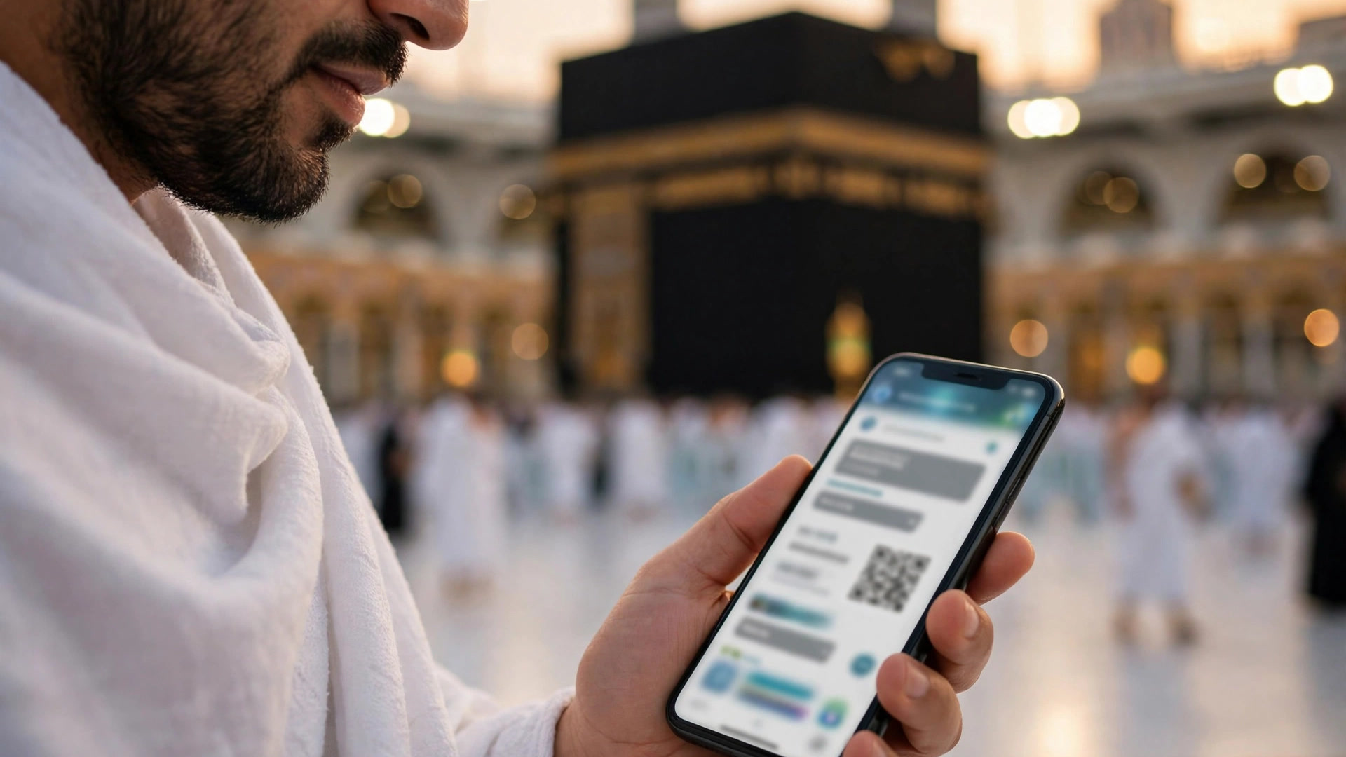 Pilgrim checking digital Nusuk Umrah permit on smartphone near the Kaaba