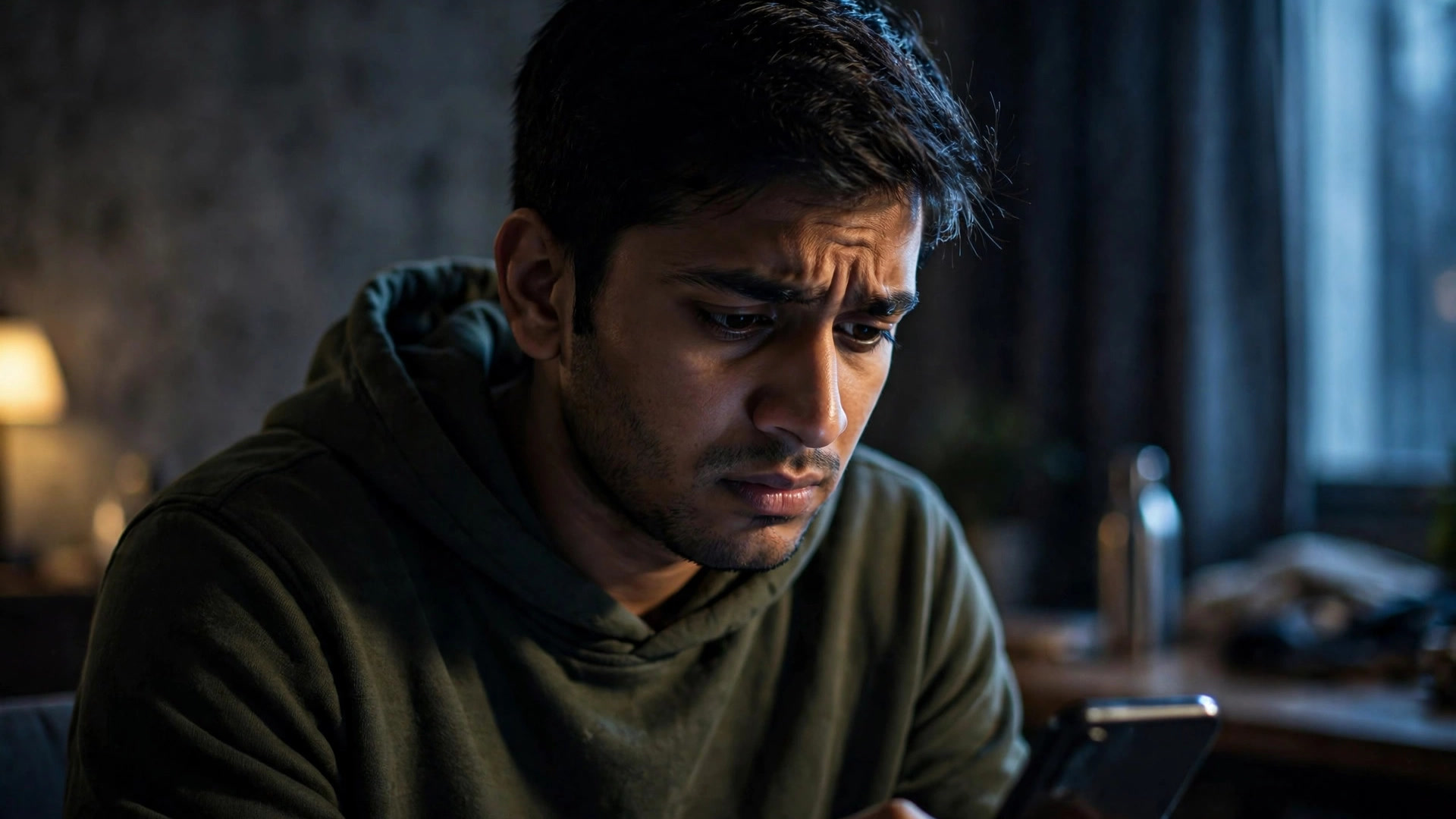 Worried Indian job seeker reading fake job offer messages on phone