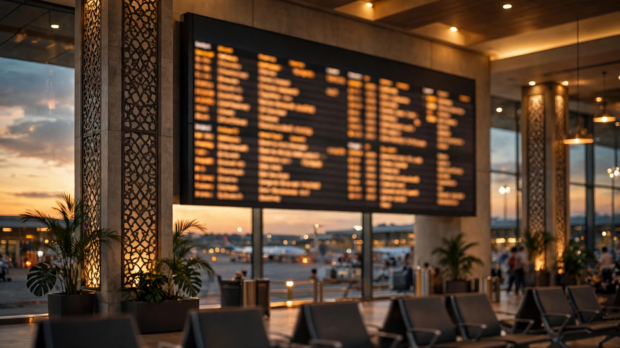 Departure board at an Indian airport at dusk showing international flight destinations