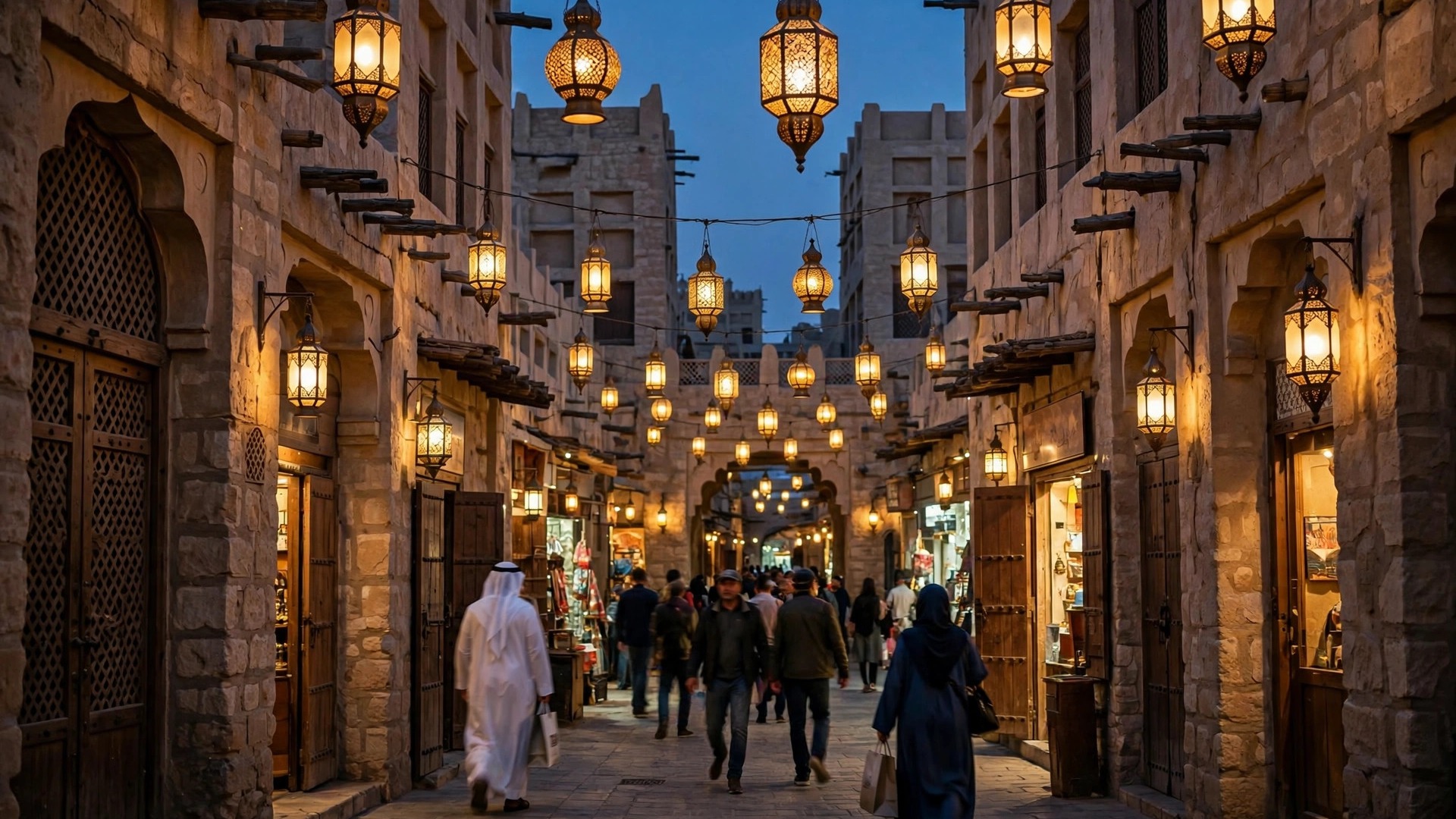 Souq Waqif traditional market in Doha at dusk with glowing lanterns