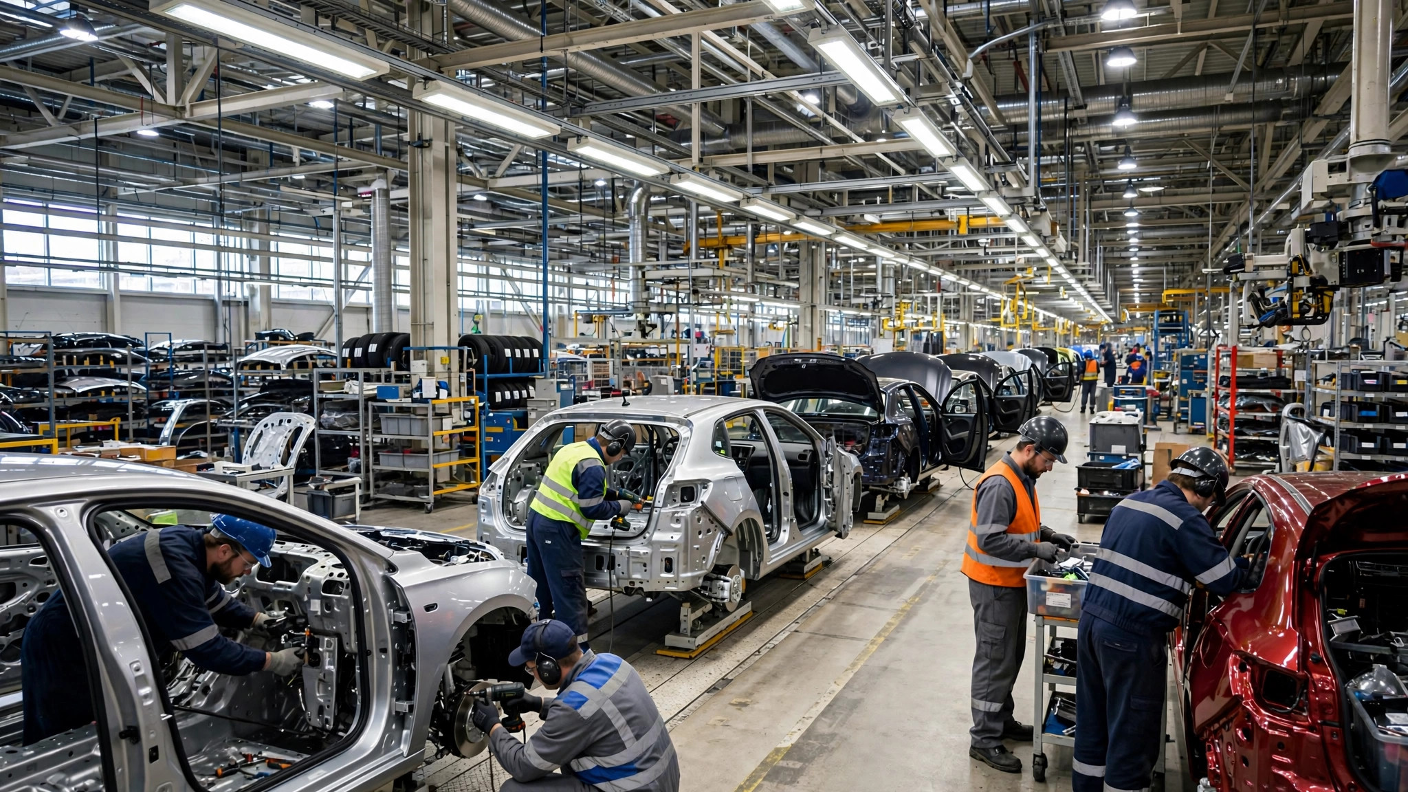 Czechia Work Visa for Indians: Automotive Factory Jobs Guide European automotive assembly plant interior with cars on the production line and uniformed workers
