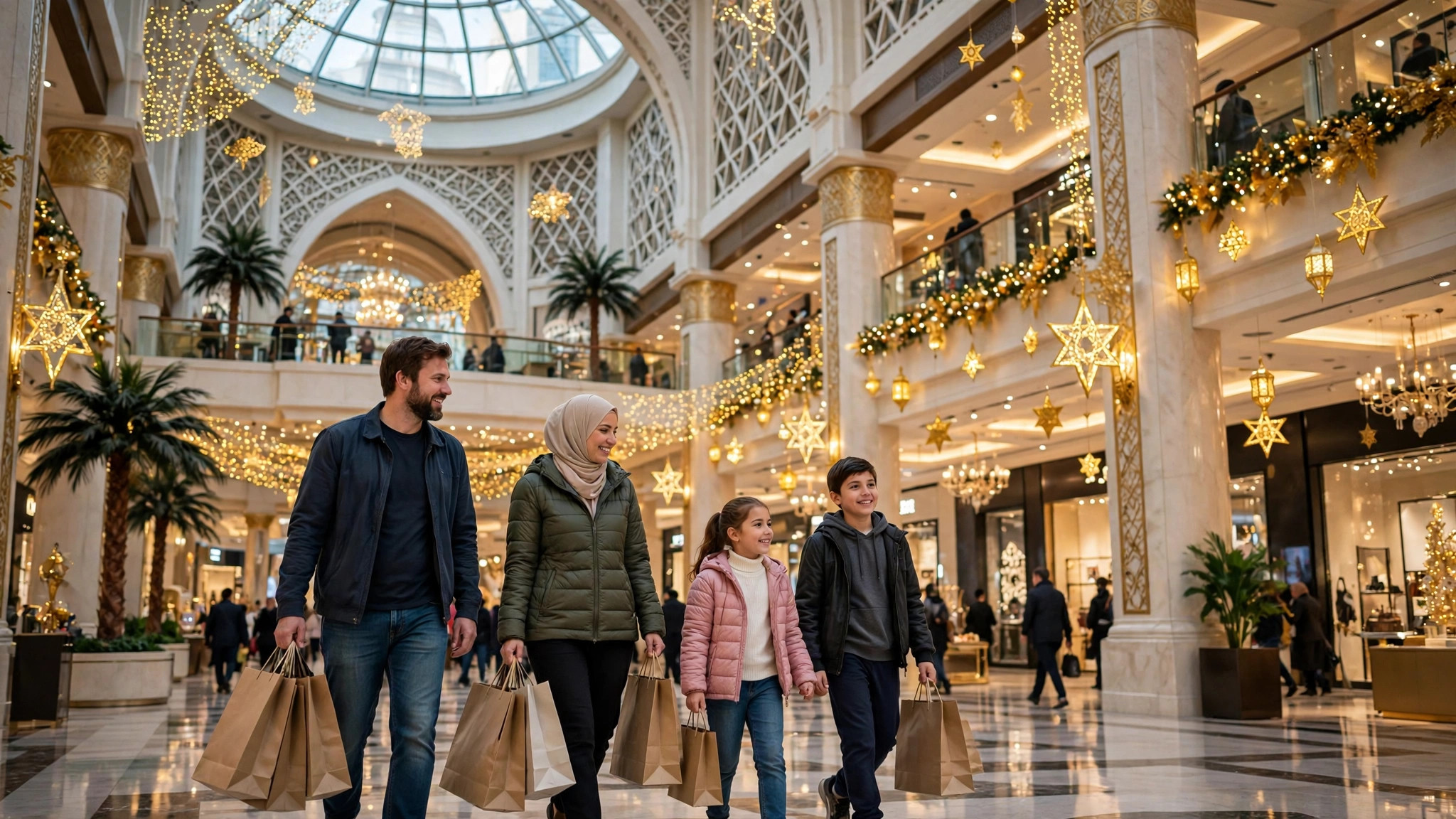 Dubai Shopping Festival Travel Guide: Dates, Malls and Deals Family with shopping bags inside a grand Dubai mall during sale season festive lighting