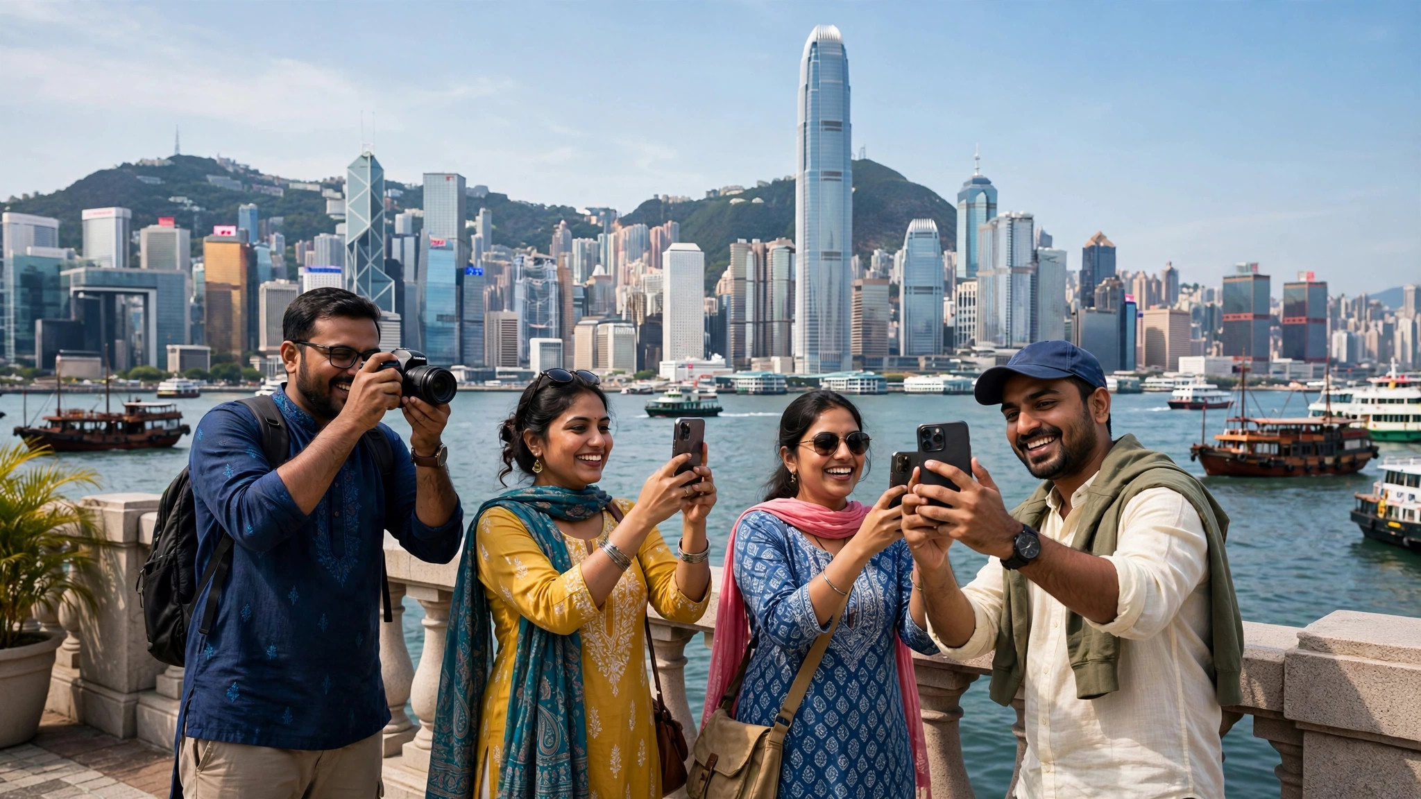 Victoria Harbour skyline, Hong Kong, with happy Indian tourists taking photos