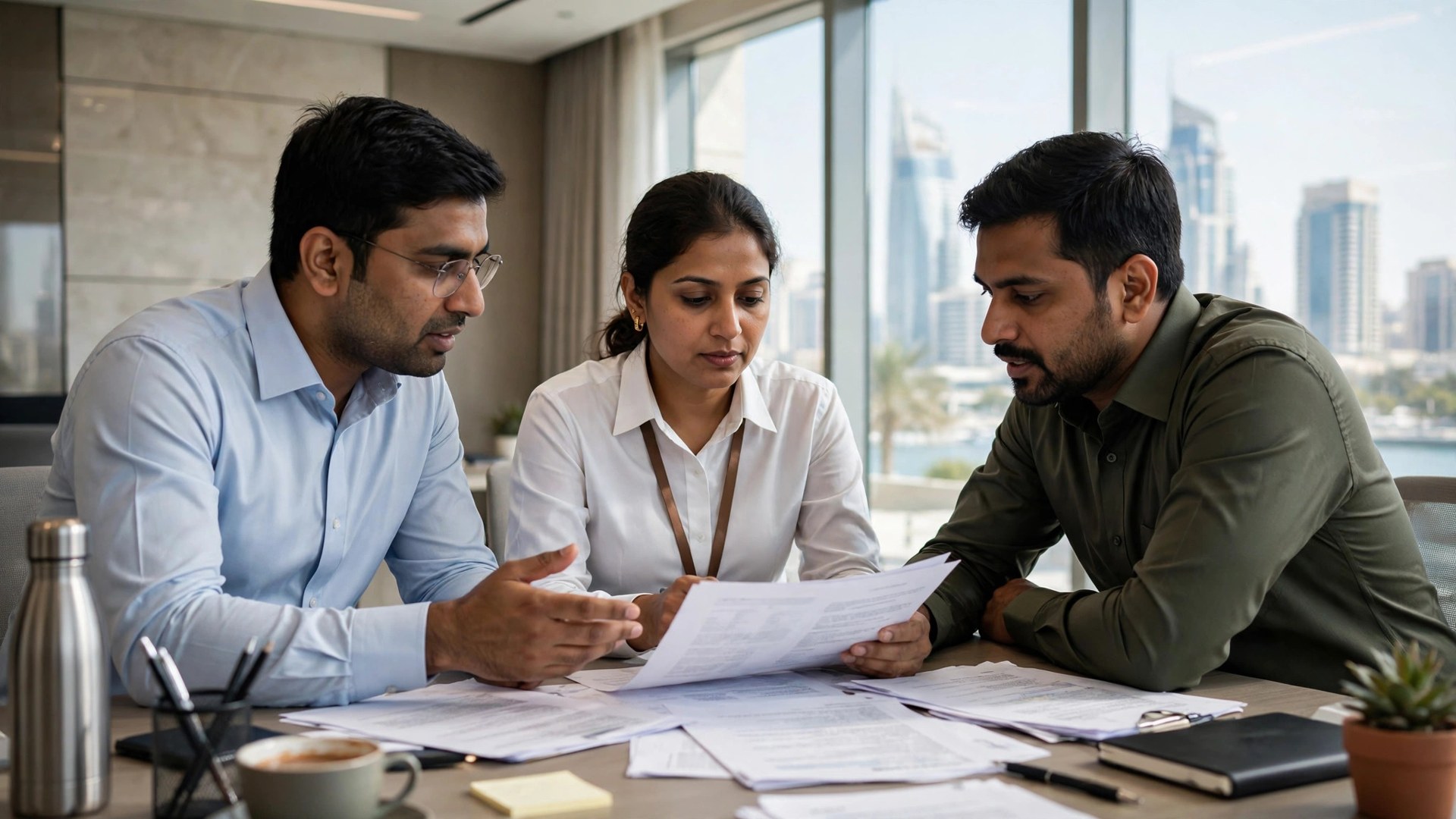 Bahrain Work Permit Update: New 90-Day Temporary Work Rule Indian workers discussing documents at an office desk in the Gulf